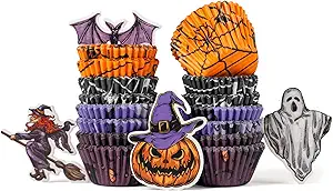 400 pcs Halloween Mini Cupcake Liners with 12 pcs Cupcake Toppers, Mini Cupcake liners for baking, Halloween Cupcake Decorations