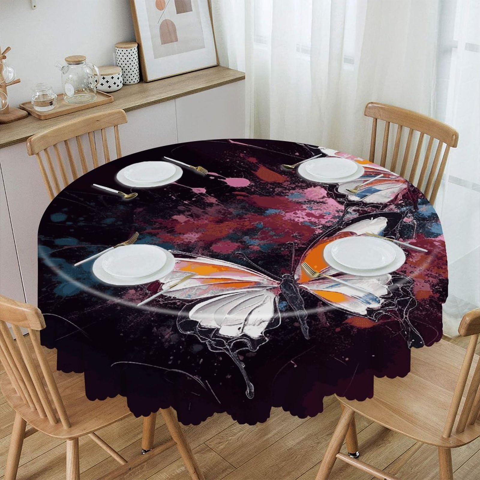VstaDank Abstract Butterfly Round Tablecloth 60 Inch Easy to Clean Circle Table Cover Thick Decorative Round Polyester Table Cloth for Dining Kitchen Party Farmhouse Outdoor