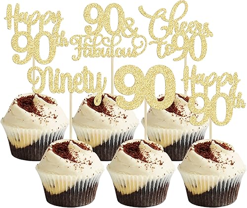Miniatura 1 de Paquete de 30 adornos para cupcakes de feliz 90 cumpleaños con purpurina dorada de noventa y saludos a 90 años para decorar pasteles de cumpleaños