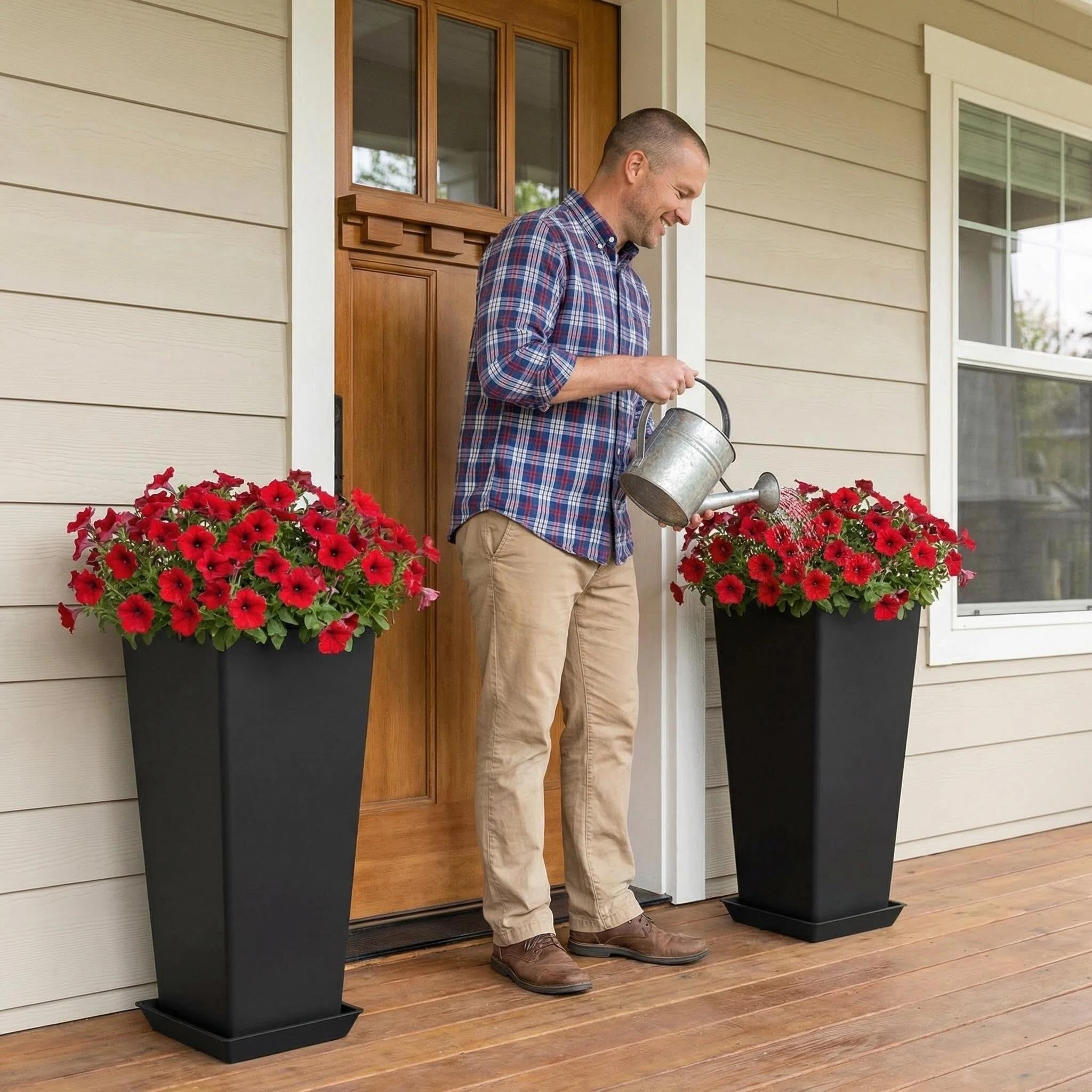 Amazon.com : FENCY Set of 2 Tall Planters for Outdoor Plants, 24 Inch Large  Tapered Pots with Drainage Trays, Weather-Resistant Plastic Plant Containers  for Patio, Porch, Garden, Front Door Decor,Black : Patio,