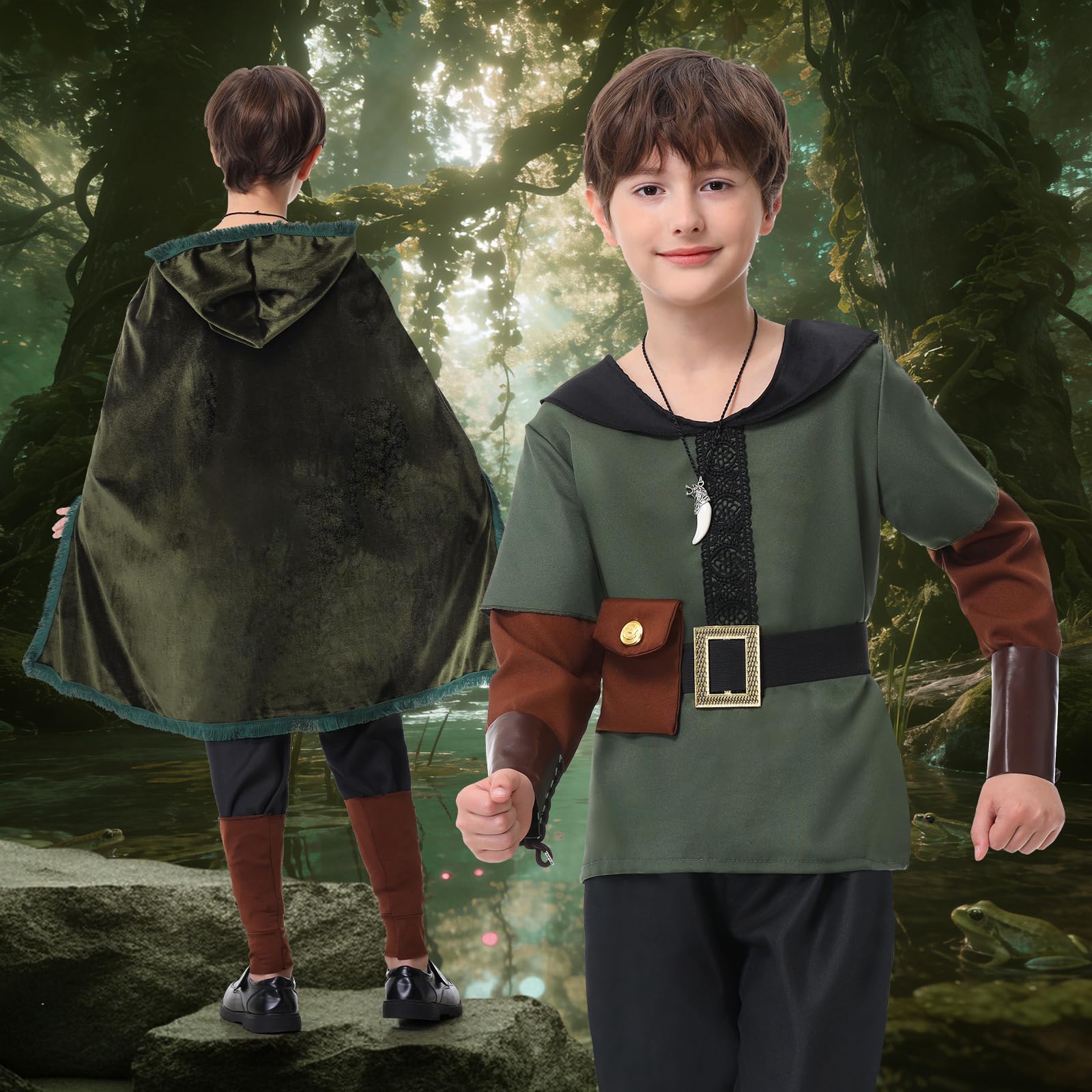 Charmofun Robin Hood Kostüm Kinder, Bogenschütze Mittelalter Outfit für Jungen mit Umhang, Hemd, Hose, Leder-Armschützer, Beinschützer, Halskette und Kompass, Karneval Rollenspiel 4-12 Jahre