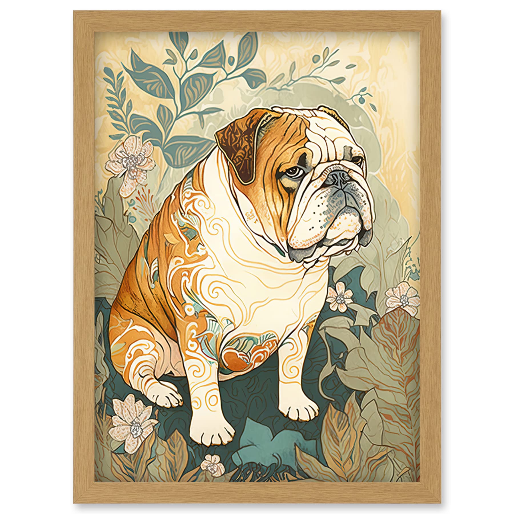 Artery8 Bulldog with Ornate Pattern Fur Coat in Flower Field Modern Watercolour Illustration Artwork Framed Wall Art Print A4