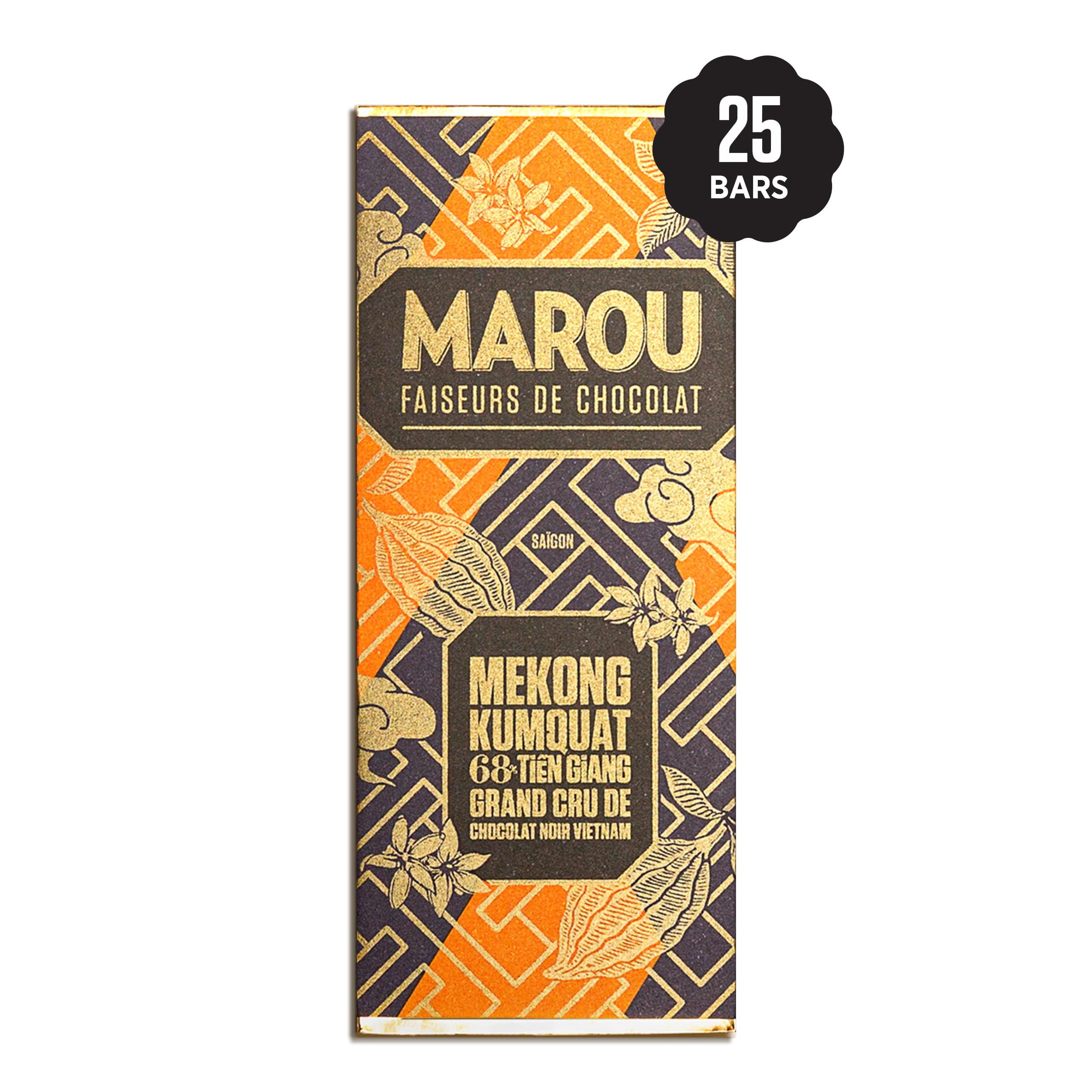 MAROU - Mini Tablette Chocolat Noir 68% Kumquat - Grand Cru Tien Giang - 24 g - Sans Lécithine, Sans Gluten - Origine Vietnam (Boîte de 25)