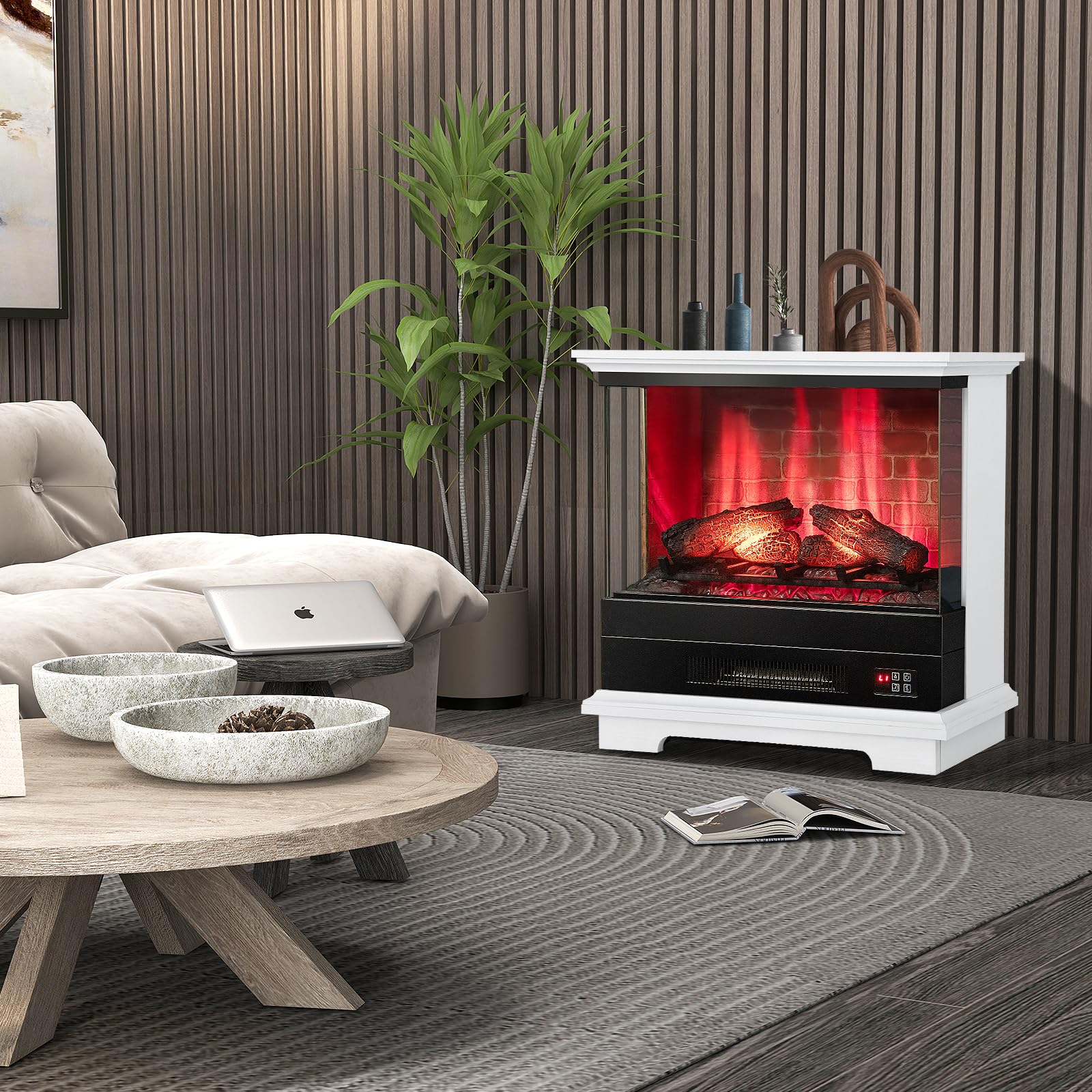 Tangkula 3 Sided Electric Fireplace, No Assembly 27 Inches Freestanding 4780 BTU Fire Place with Mantel, with 7 Flame Colors, Remote & 6H Timer, Overheat Protection,CSA Certified,1400W (White)