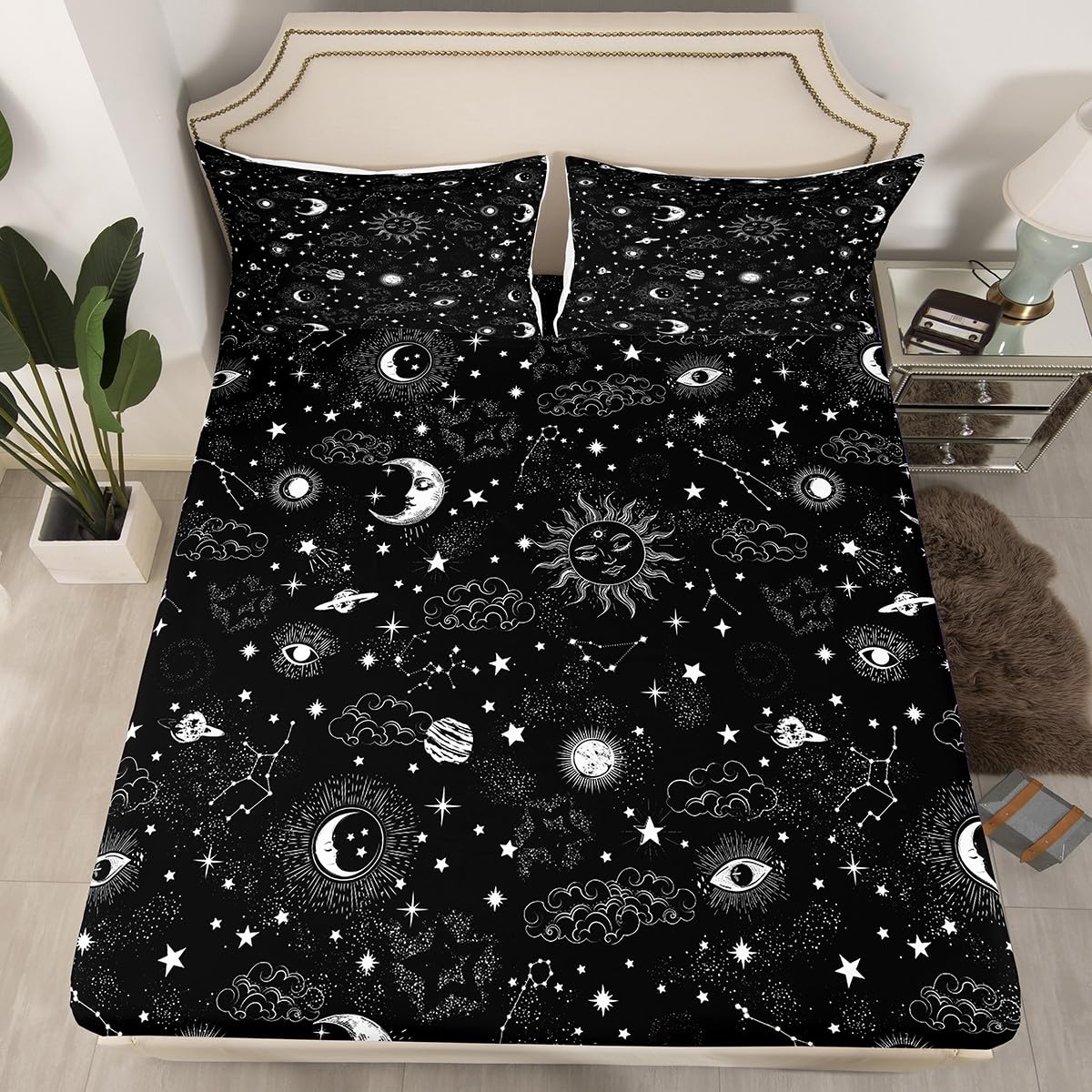 Sun Moon Bed Sheet Single Size,Starry Galaxy Boho Style Fitted Sheet for Adults Bedroom Decor,Black White Dream Space Bed Cover 2pcs,1 Pillowcase,No Top Sheet