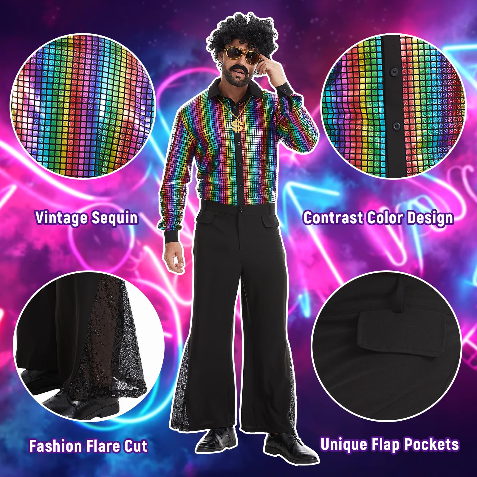 Fantazyjny kostium dla mężczyzn z lat 70. XX wieku, strój retro z akcesoriami na imprezy w stylu retro i Halloween.