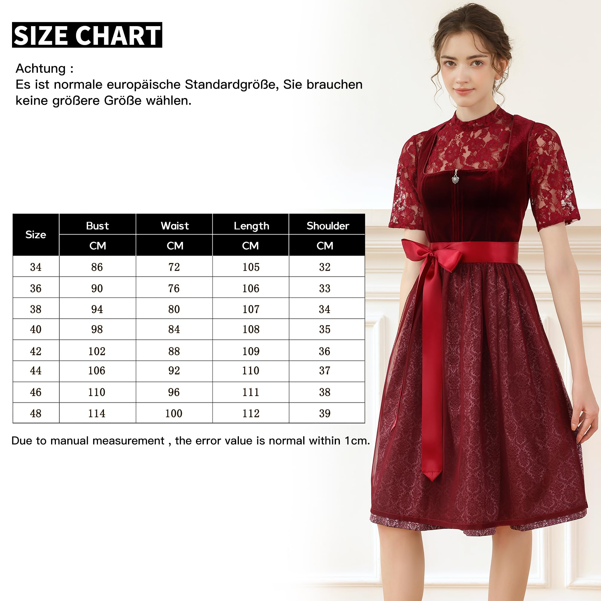 EIISSION Dirndl Damski Oktoberfest Kostium Oktoberfest Kostium Kostium Damski Czerwony Tradycyjna Sukienka midi Trachten Sukienka 3 Pieces Bluzka Fartuch