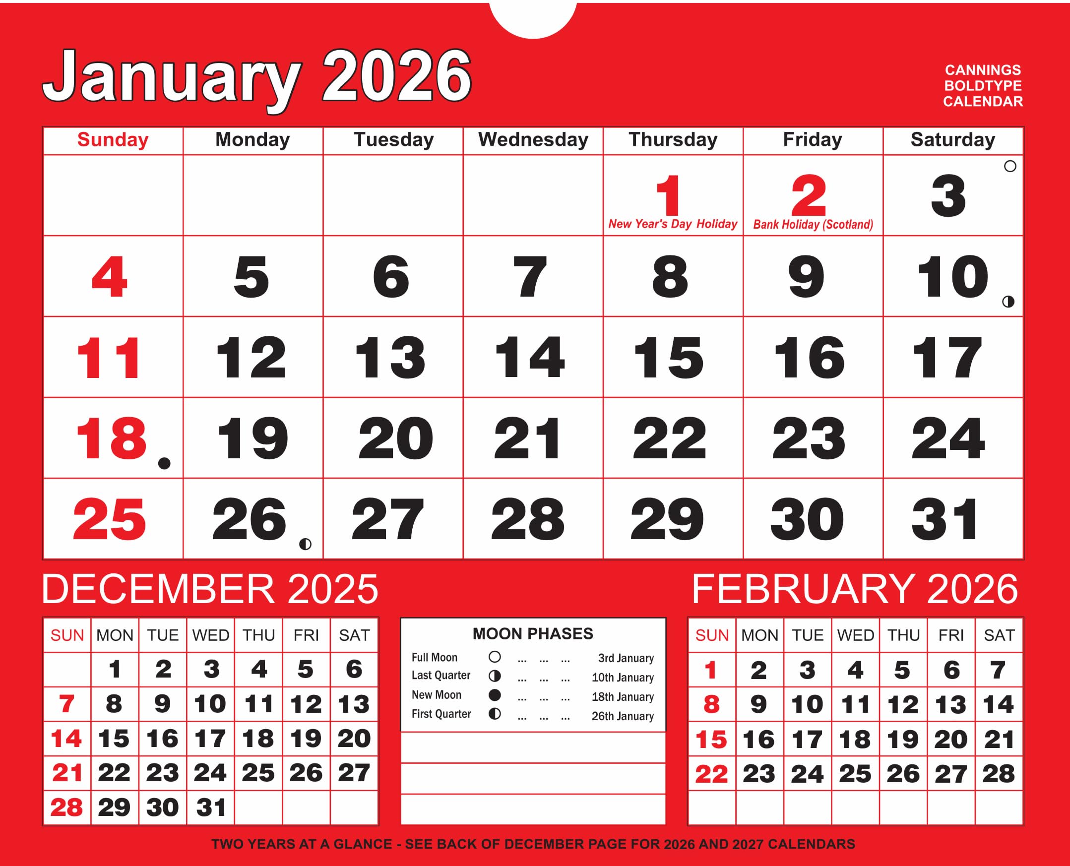 Cannings Bold-Type Red and Black Three Months to View Calendar 2026