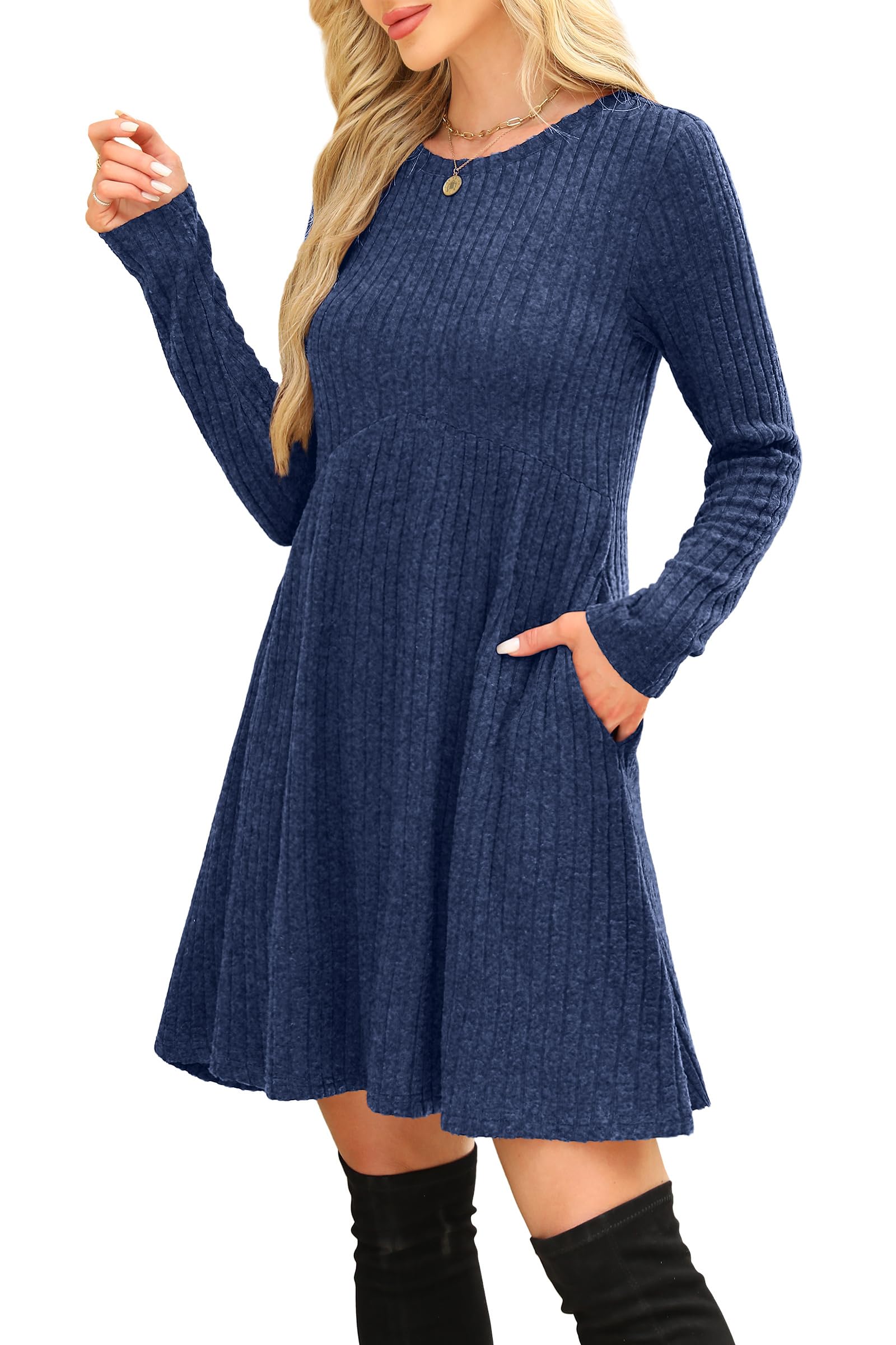 OFEEFAN Long Sleeve Dress for Women Crew Neck Empire Waist Tunic Dress with Pockets