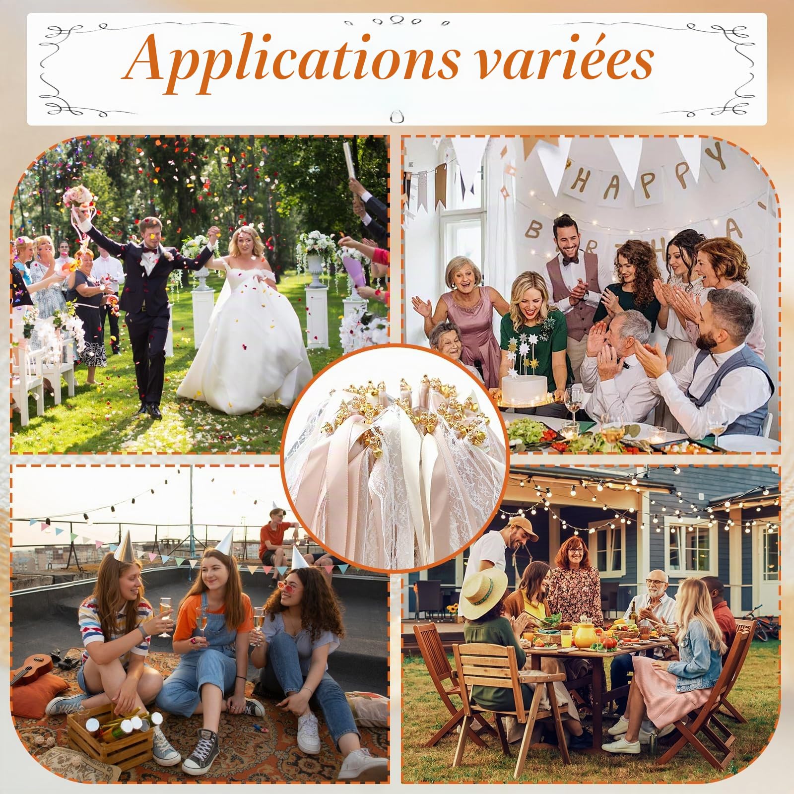Lot de 50 baguettes de mariage en champagne avec cloche, baguettes de mariage en dentelle romantique avec rubans de mariage, baguettes magiques pour mariage et serpentins, cadeaux pour