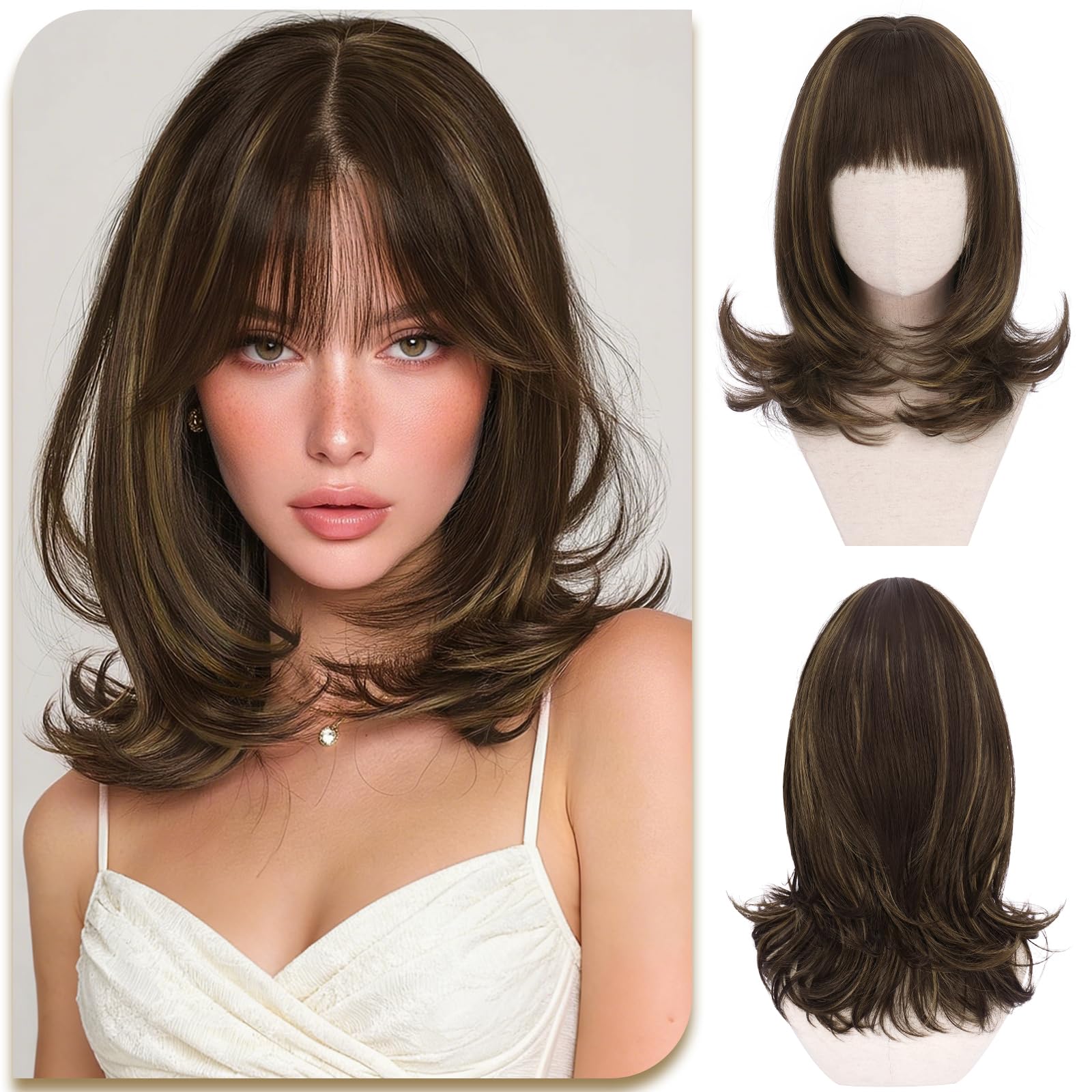 Sofeiyan Peluca de Cabello Corta Natural,38 cm Marrón Chocolate con Reflejos Marrón Dorado Peluca Bob con Flequillo,Pelucas Sintéticas para Mujer con Puntas Rizadas de Forma Natural Uso Diario
