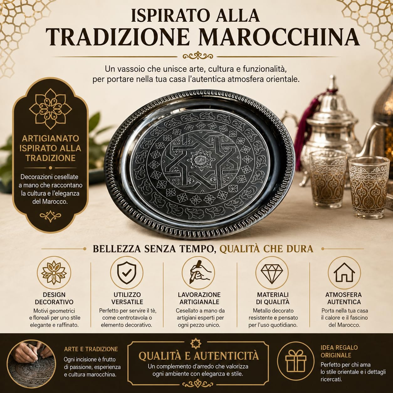 Vassoio Marocchino in Metallo Cesellato a Mano, Rotondo, Stile Orientale, Ø 30 cm, per Tè e Decorazione