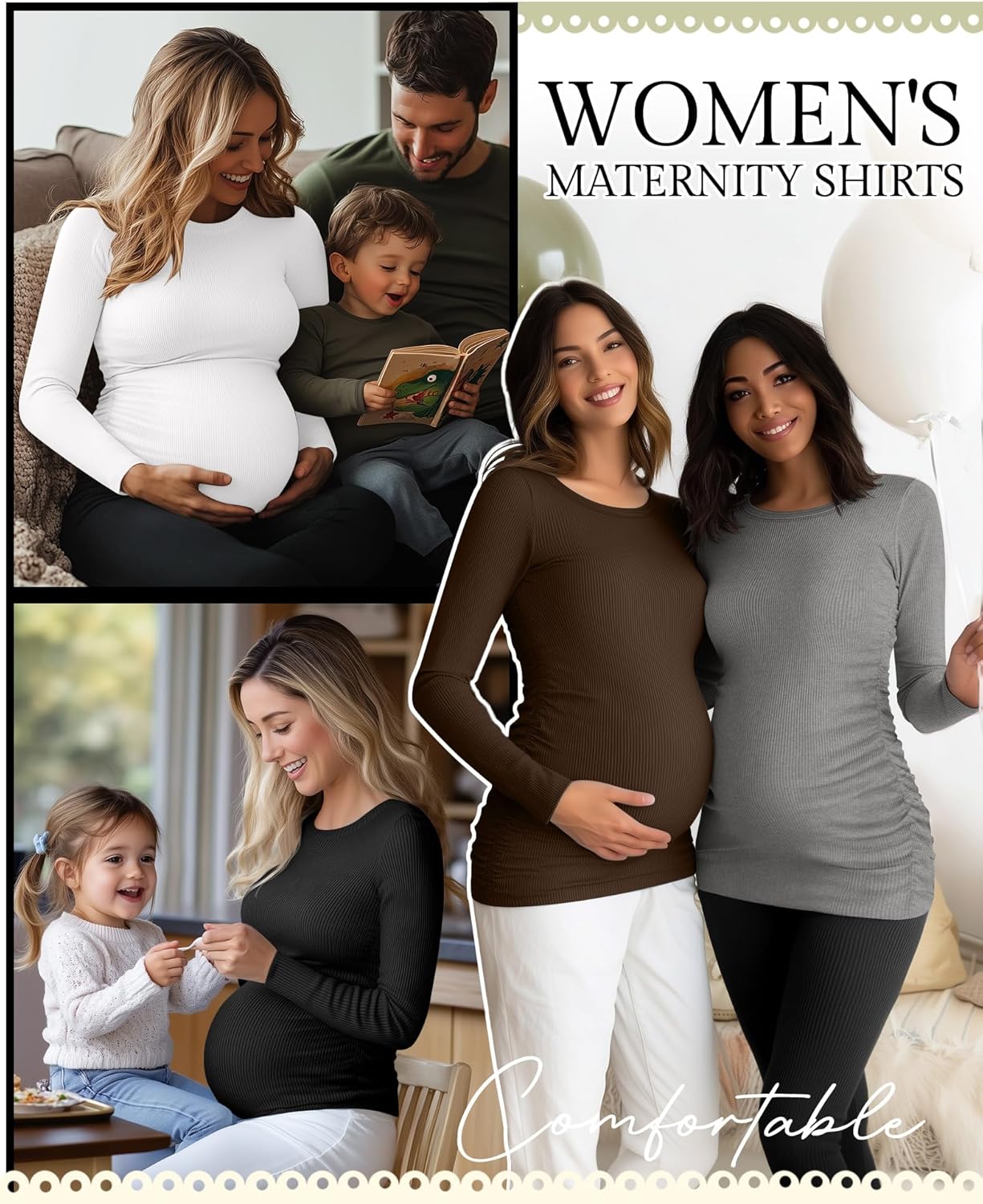 Ficerd 4 Pack Women's Maternity Shirts Cotton Long Sleeve Ribbed Crew Neck Pregnancy Tops Side Ruched Casual Mama Clothes