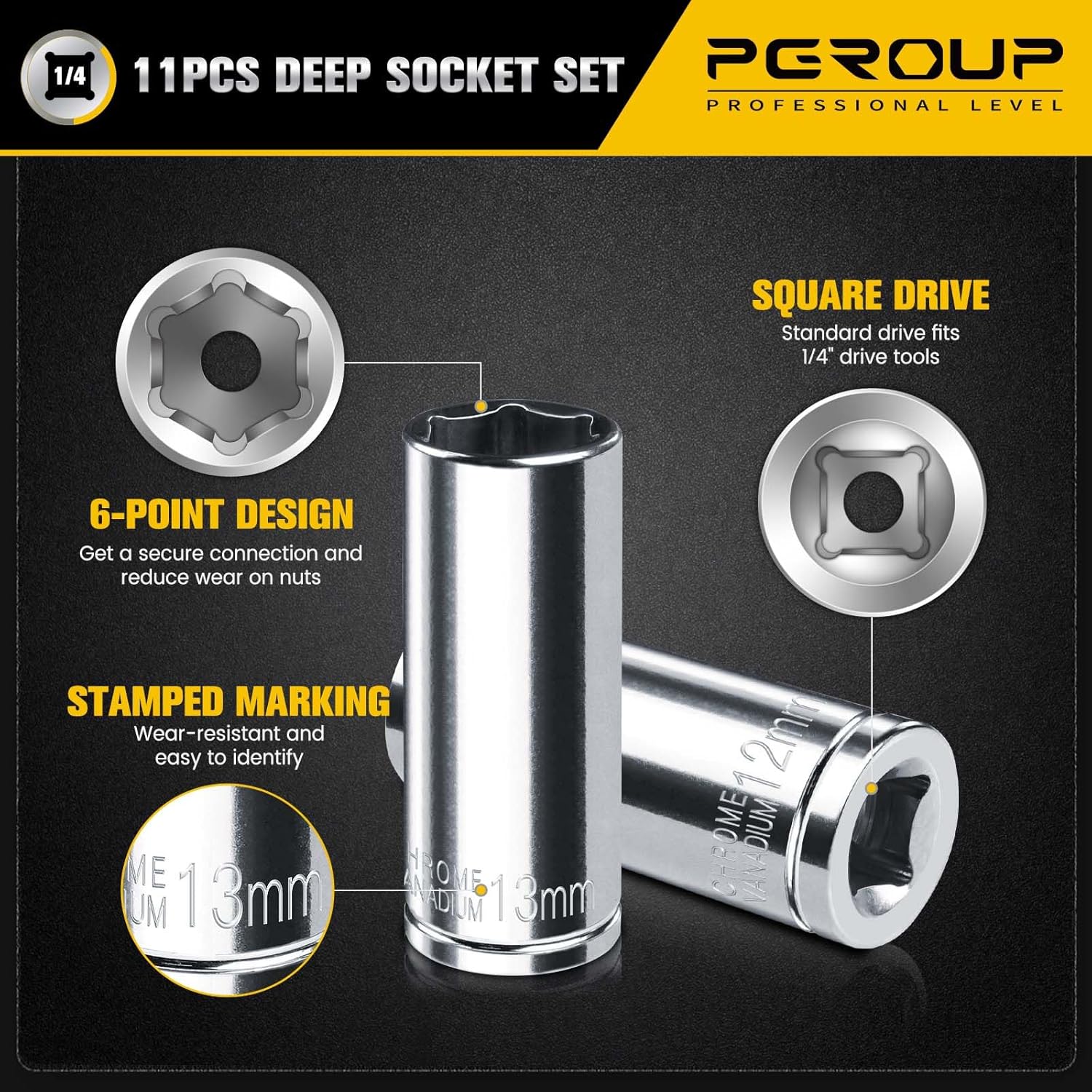 1/4" Drive Deep Socket Set, 11PCS Metric Size Socket Set (4mm-14mm), 6-Point Design, Equipped with Storage Holder, Chrome Vanadium Steel