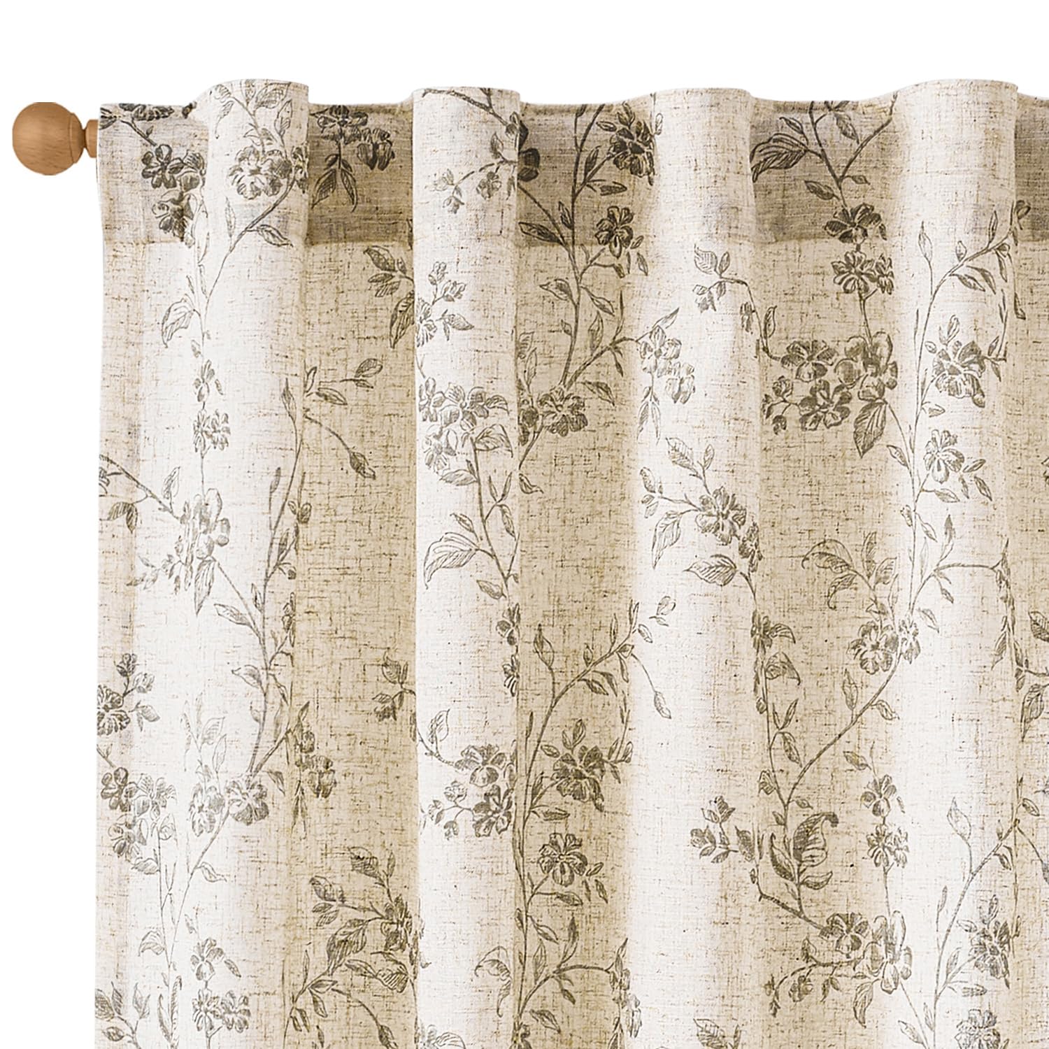 Lazzzy Grey Floral Linen Curtains 63 Inch Farmhouse Back Tab Drapes for Living Room Bedroom Light Filtering Vintage Grandmillennial Rod Pocket Curtains, 2 Panels, W38 x L63, Grey on Beige
