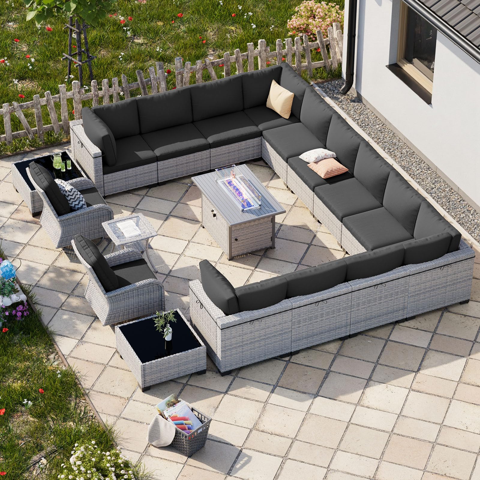18-Piece Patio Furniture Set, Outdoor Patio Furniture with 55,000 BTU Fire Pit Table, Swivel Chairs Set, Thick Cushions, Modular Patio Sofa, Dual-Strand Wicker Rattan, Rust-Resistant Frame,Black