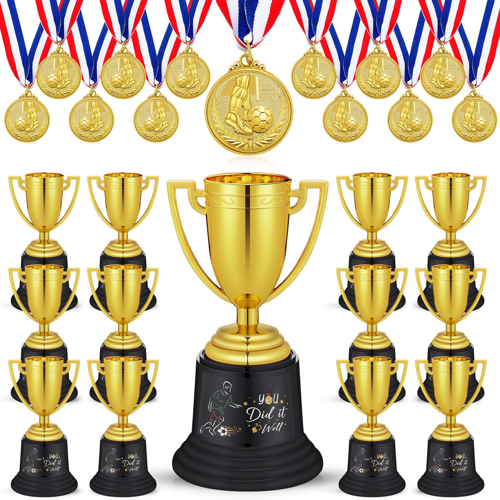 Tondiamo Juego de 24 medallas y trofeos de fútbol para niños, incluye 12 trofeos de fútbol de plástico dorado de 5.12 pulgadas y 12 medallas de 2 pulgadas para niños, premios de equipo de fútbol
