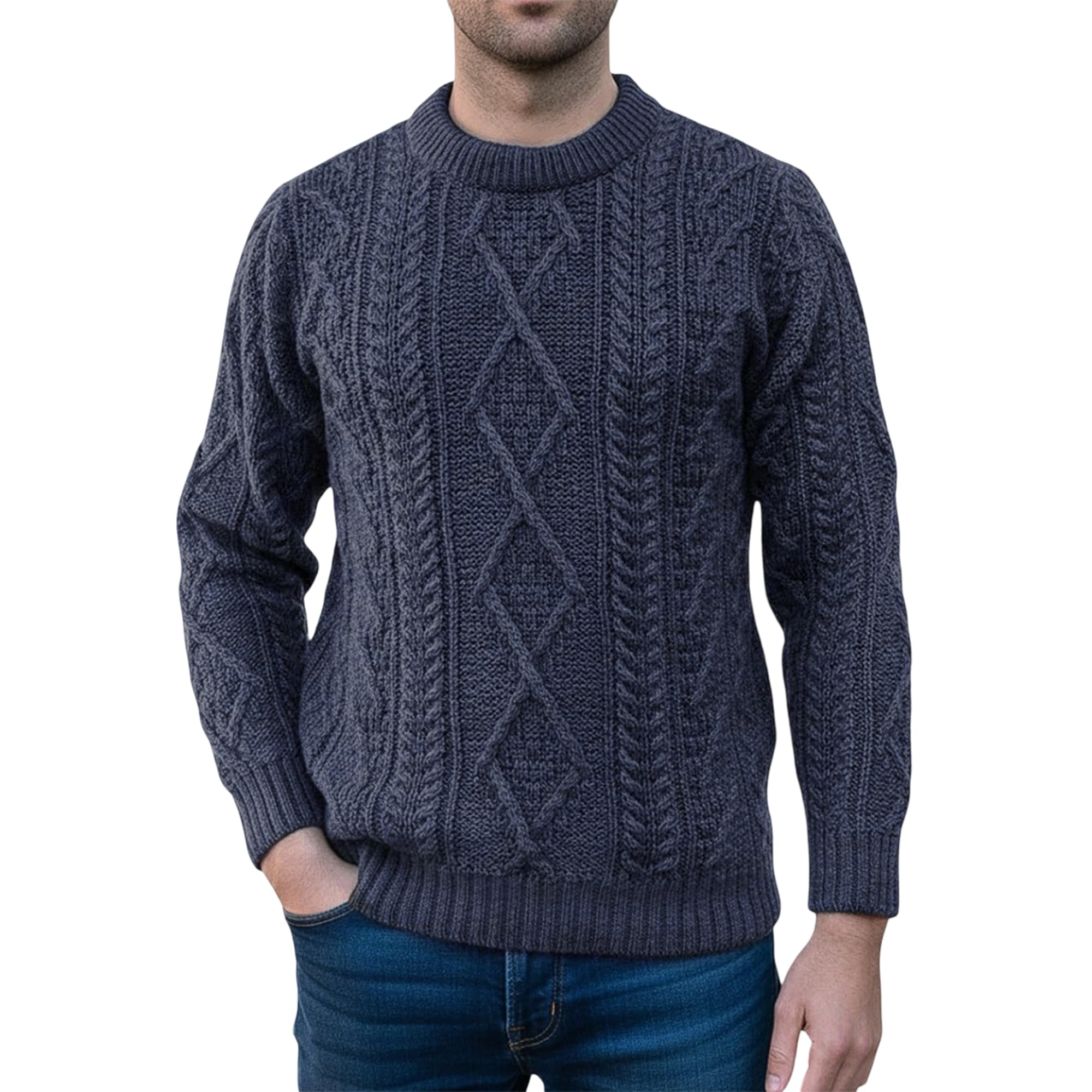 Braw Clans Tartans Men's Navy 100% Pure British Wool Jumper For - Made In The Uk - Cable Knit, Crew Neck Warm Arran Jumper - Heavy Knit Pullover - Round Neck Winter Sweater - Colour, Size M - Gifts For
