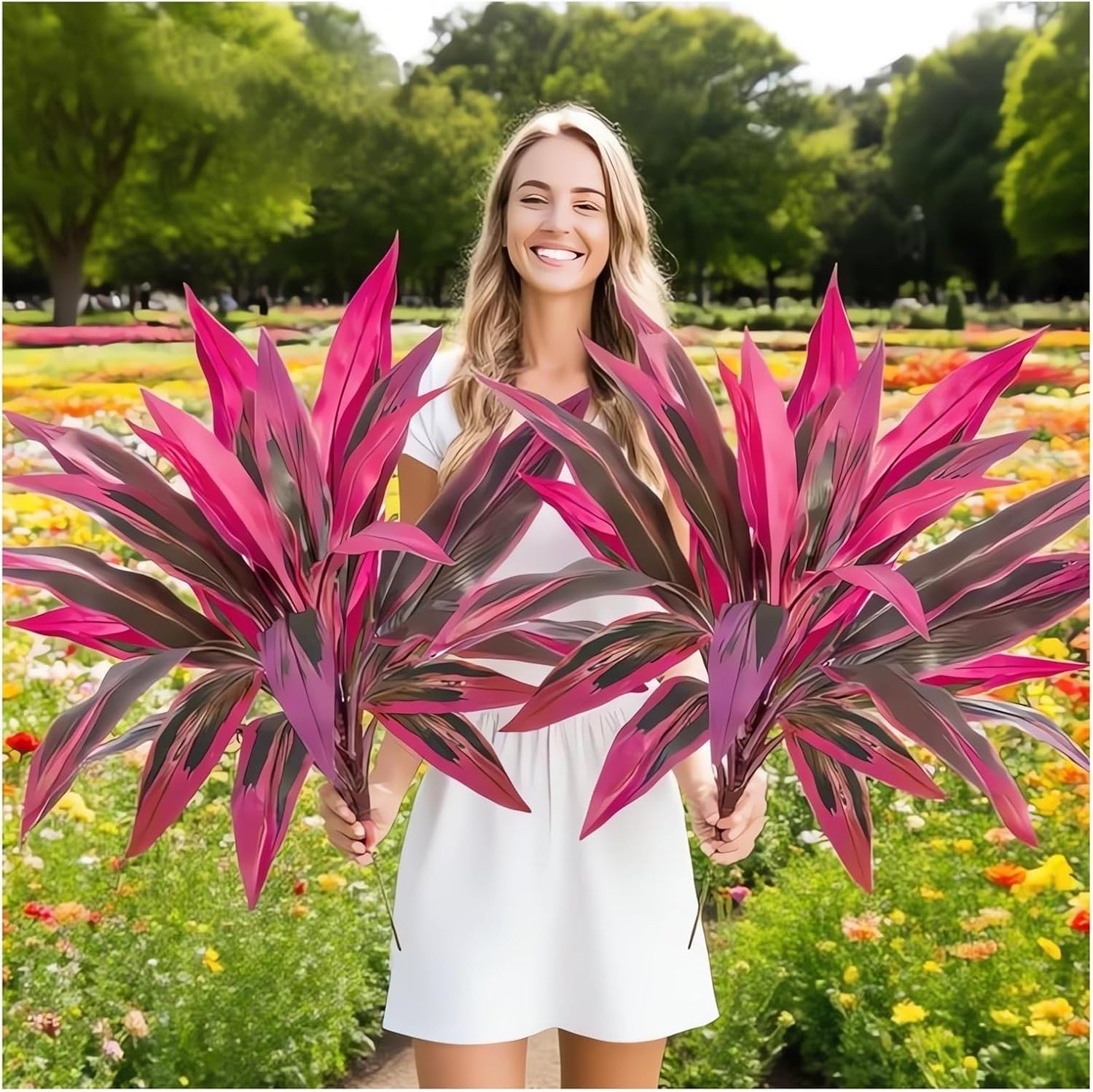 Realistic Cordyline Plants Outdoor, 2PCS Large Boston Fern & Dragon's Blood Tree Plants, UV Resistant Artificial Tropical Plant for Patio, Outside, Shrubs, Flower Grass and Front Porch Decor (4)