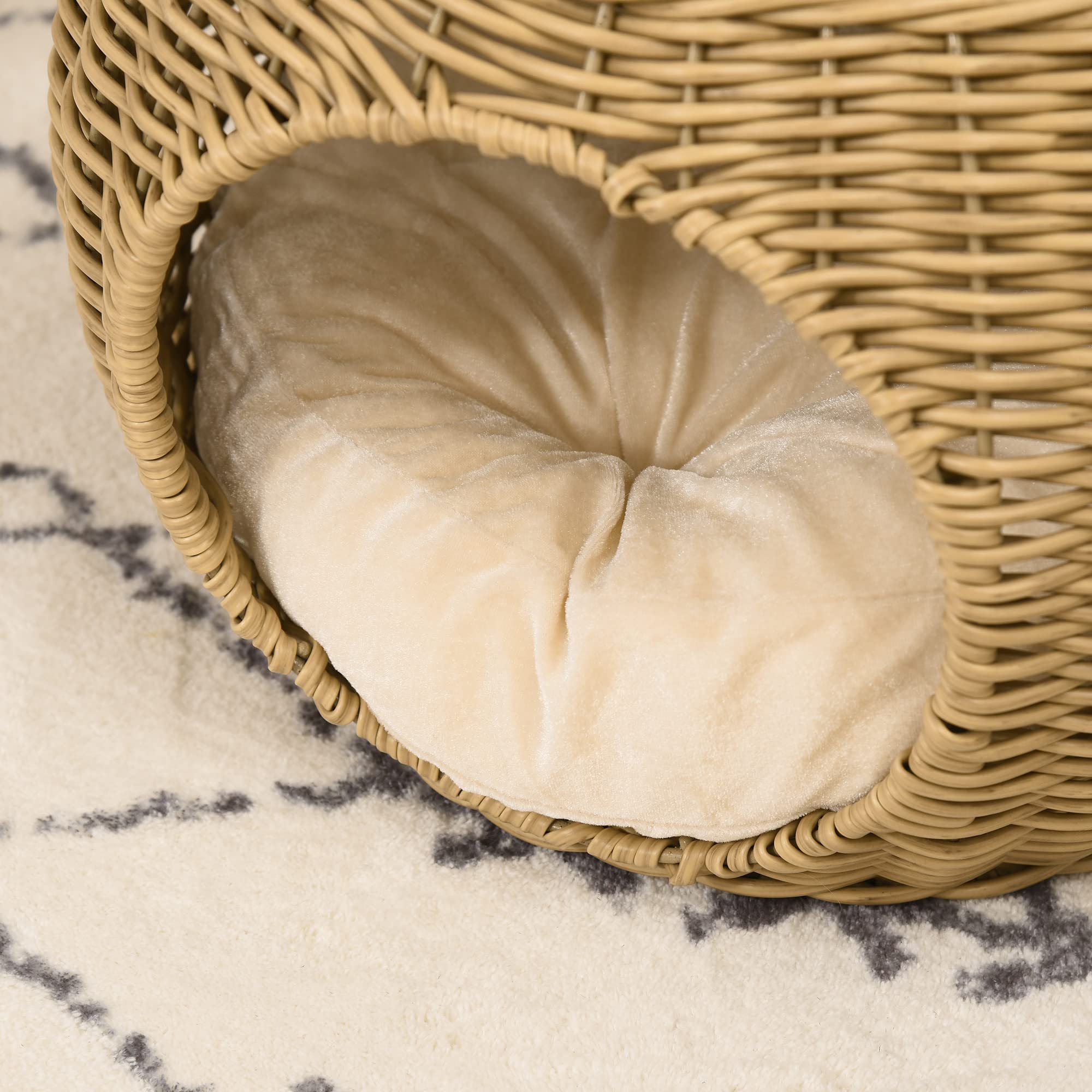 PawHut Nicchia per Gatto in Resina Intrecciata Imitazione Rattan, Maison con Cuscino Morbido Ø 40 x 30 cm, Marrone Chiaro