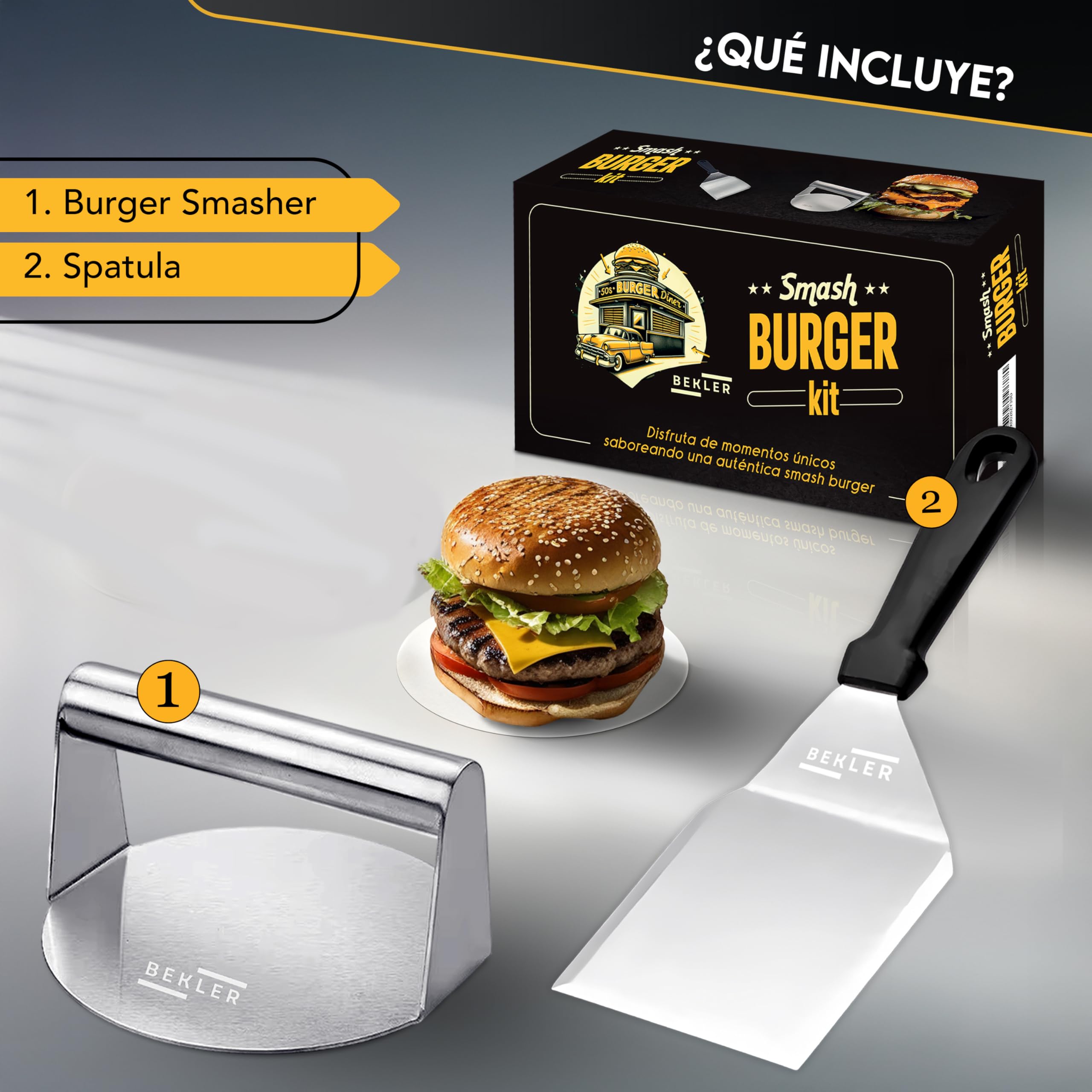 BEKLER Kit Smash Burger - Smash Burger Kit con Aplastador De Hamburguesas Y Espátula, Prensa para Hamburguesas Smash En Acero Inoxidable, Aplasta Hamburguesas Profesional