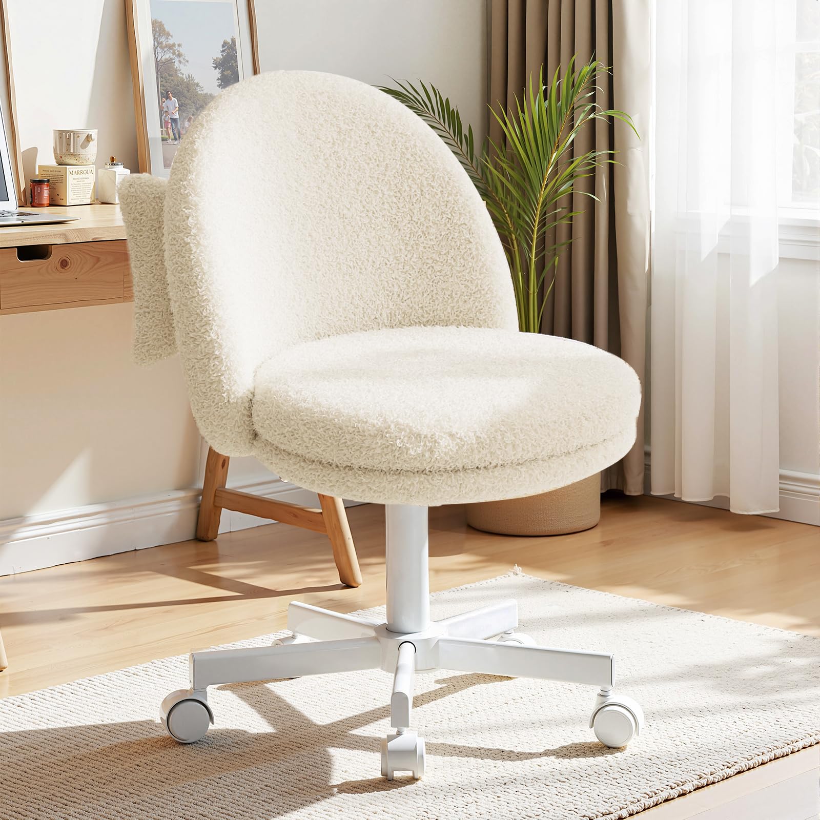 COMHOMA Homeoffice Makeup Chair Office Chair Swivel Armless Back Support Comfortable Office Chair on Wheels Height Adjustable White Fleece