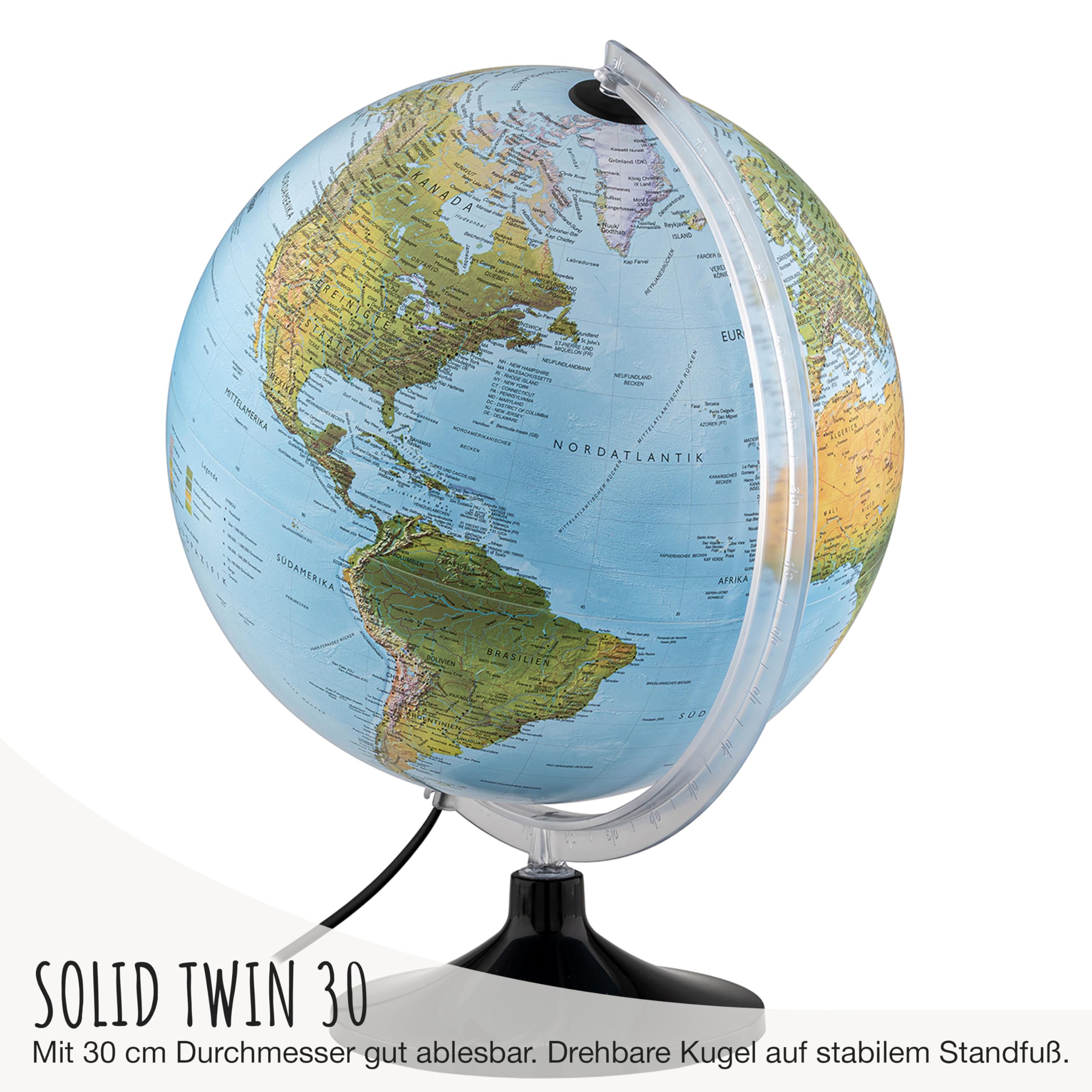 Solid Twin 30 - Leuchtglobus - beleuchteter 30cm Globus mit stabilem Standfuß, physisch/politische Doppelbild-Kartografie in deutscher Sprache