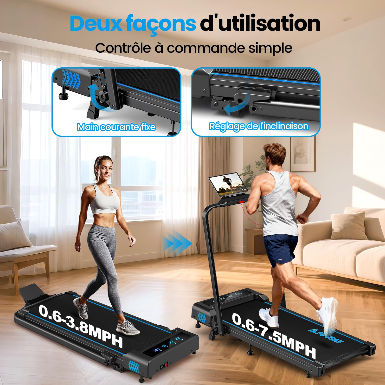 Tapis de Course, FOUSAE 12 Programmes HIIT Prédéfinis, 10% Tapis de Marche Inclinable, 12 KM/H, Moteur Haute Performance 2,75CV Silencieux, APP & Télécommande, Charge 158kg Fitness Intérieur
