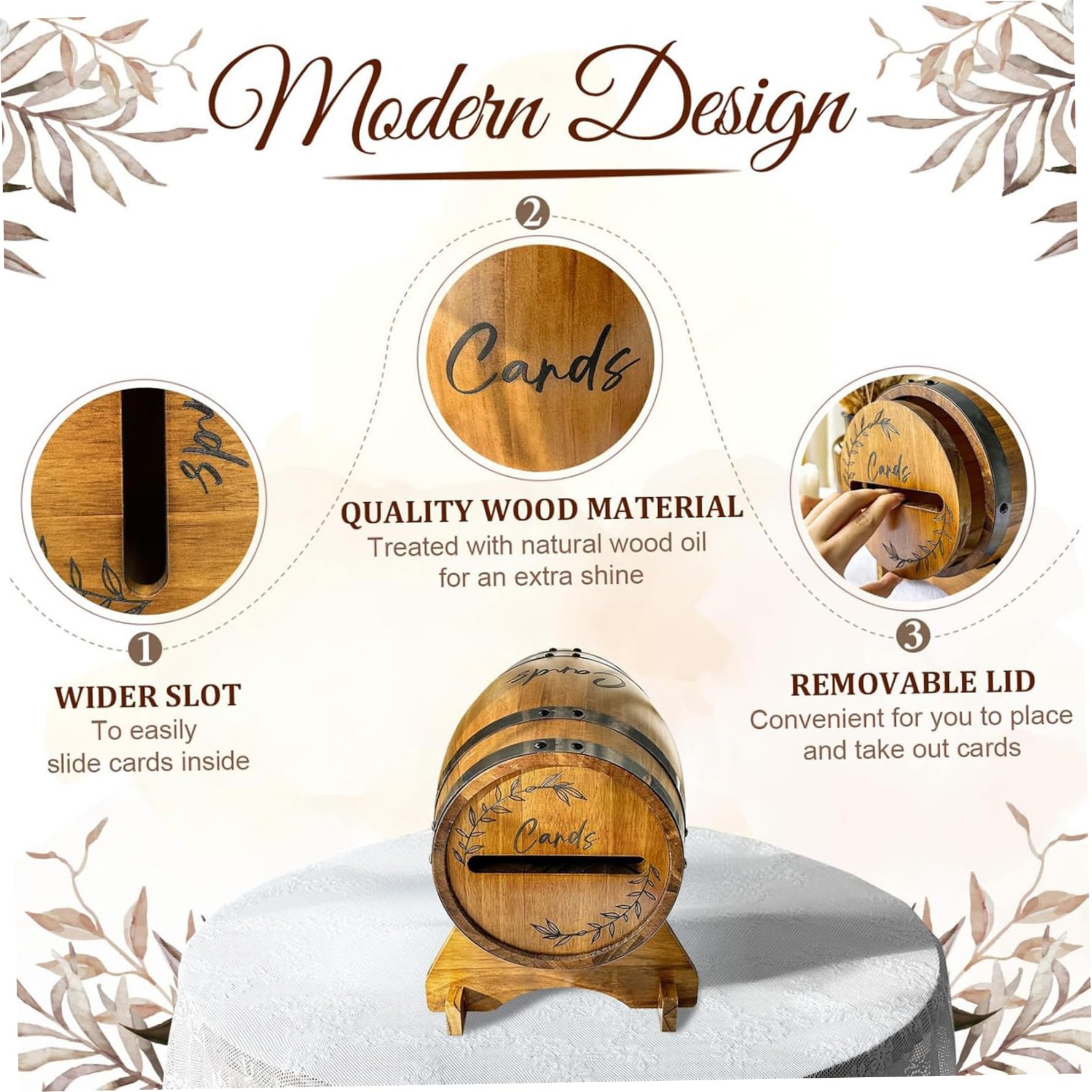 Scatola per biglietti di matrimonio, rustica in legno, marrone, 10 pollici | Forma rustica di botte di whisky, contiene oltre 150 carte, ideale per matrimoni e feste