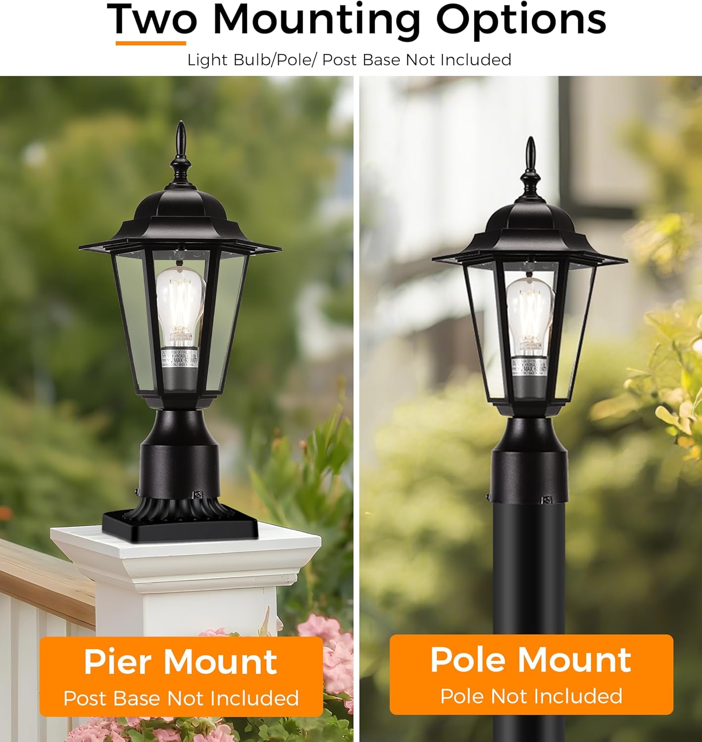 CLOUDY BAY Outdoor Post Light,Pole Lantern, Hardwired, Pier Mount Pole Mount, E26 Base 60W Max,Aluminum Housing Plus Glass,Wet Location Rated,Black