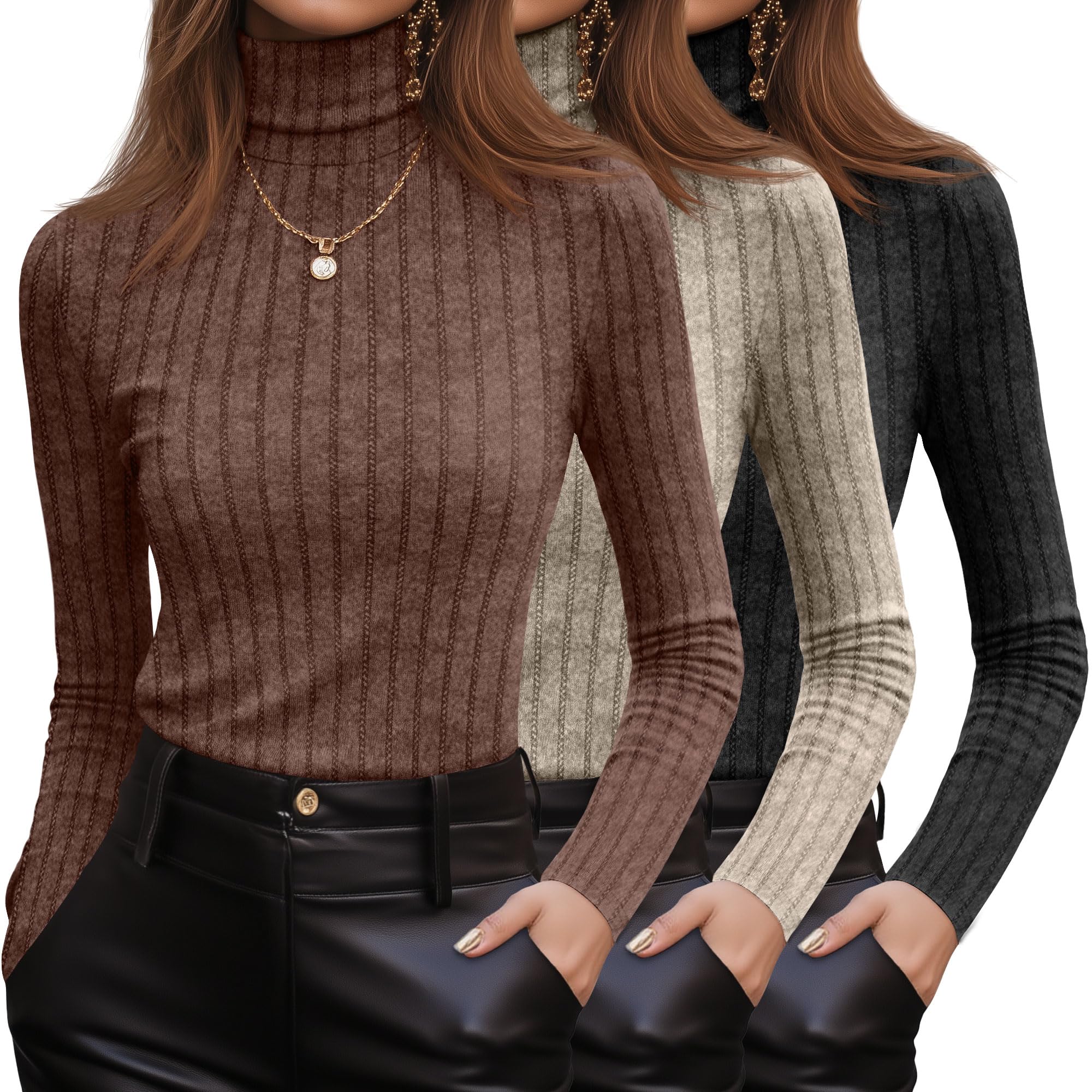 3 Pack Womens Turtleneck Sweaters Ribbed Long Sleeve Fitted Pullover Sweater Knit Lightweight Fall Tunic Top 2025