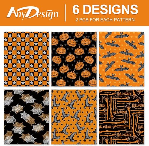Miniatura 3 de AnyDesign 12 hojas de papel de regalo de Halloween, diseño de calabaza, murciélago, telaraña, sombrero de bruja, papel de regalo plegado a granel,