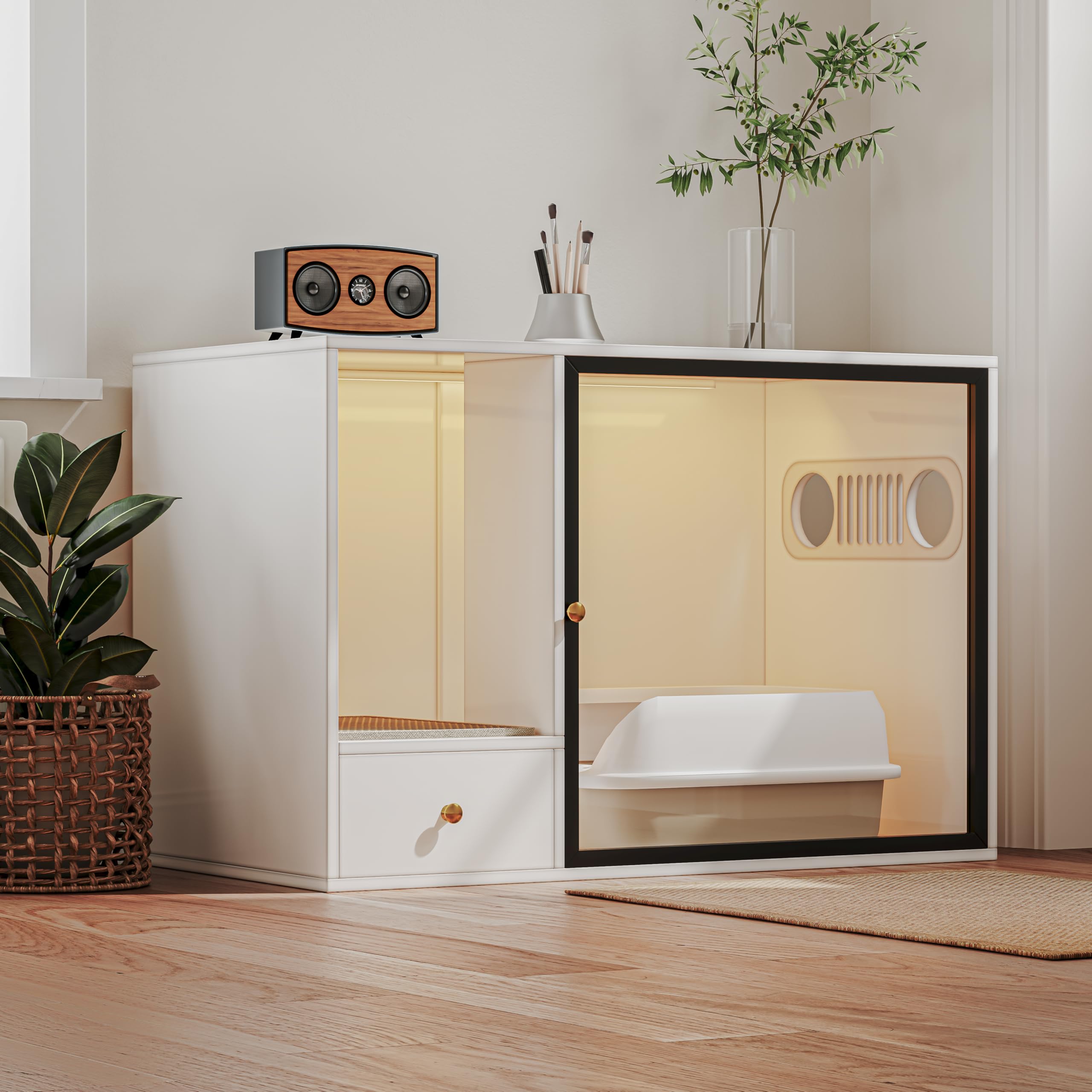 Top Entry Cat Litter Box Enclosure Furniture Style, White Large Hidden Glass Cat Cabinet Pet House with Stairs and Storage Drawers for Living Room (40.2'' W) - image 2