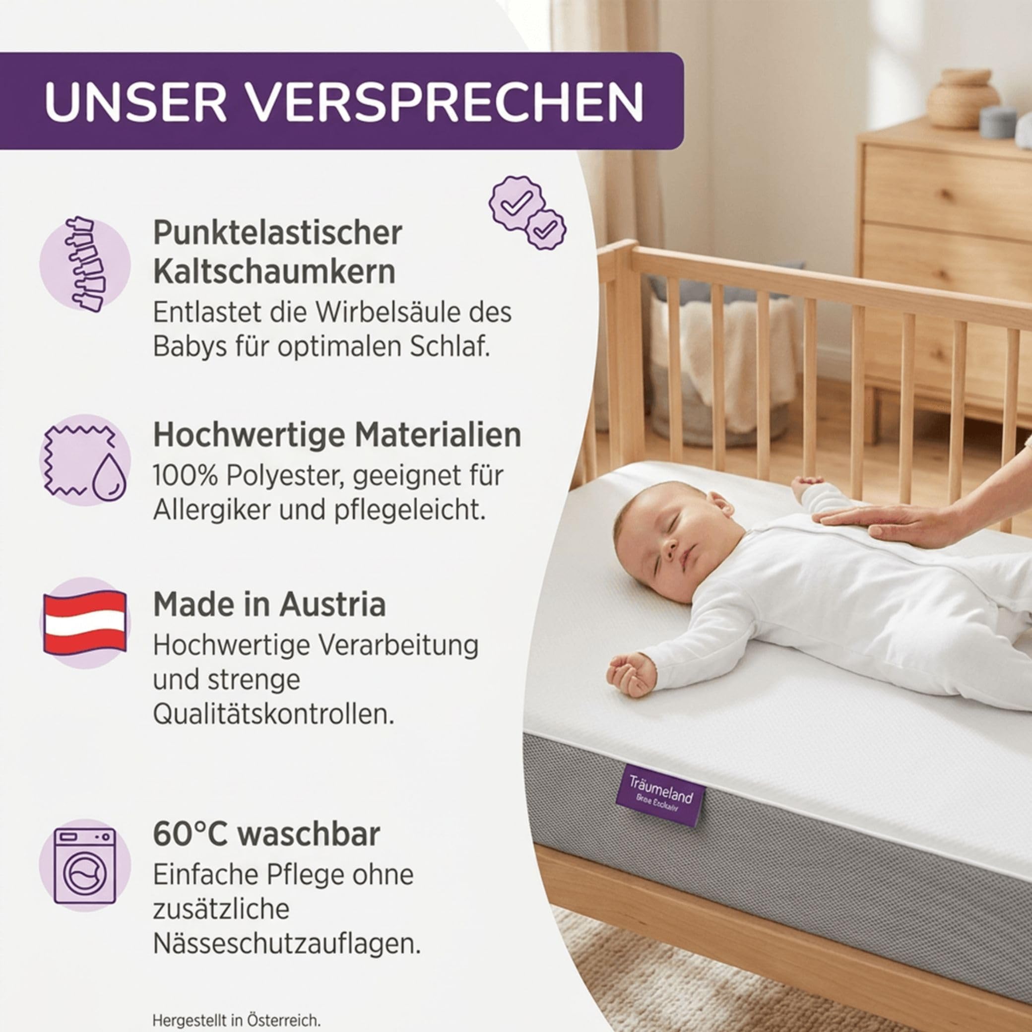 Träumeland Babymatratze Brise Exklusiv | Kindermatratze aus punktelastischer Kaltschaumkern für Stubenkorb, Wiege, Beistellbett | Kinderbettmatratze mit vertikalen Belüftungskanälen
