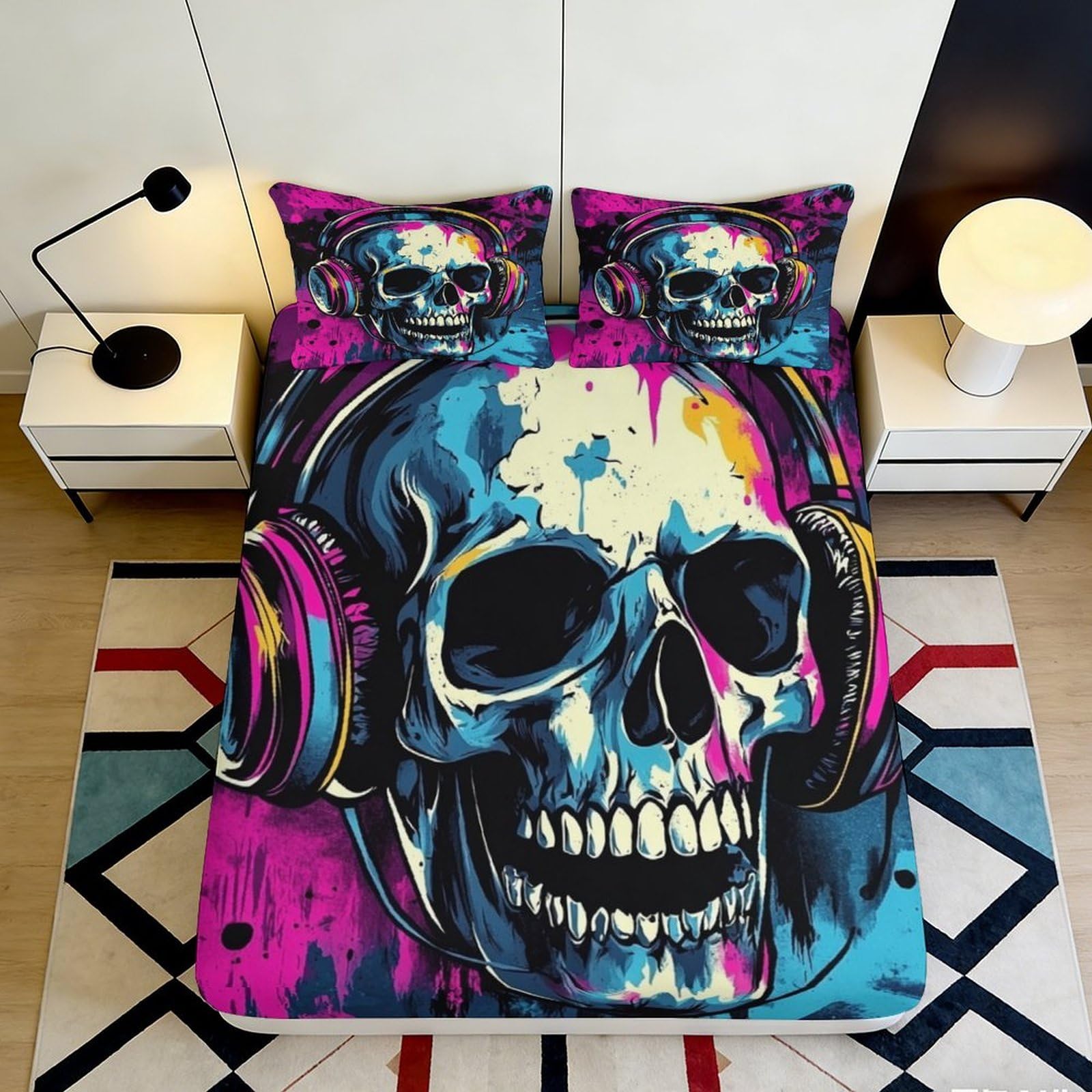 3D Printed Skull Headphones Fitted Sheet Microfiber Colourful Graffiti Bed Cover for Bedroom Dorm Mattress Decor 90x200x25cm