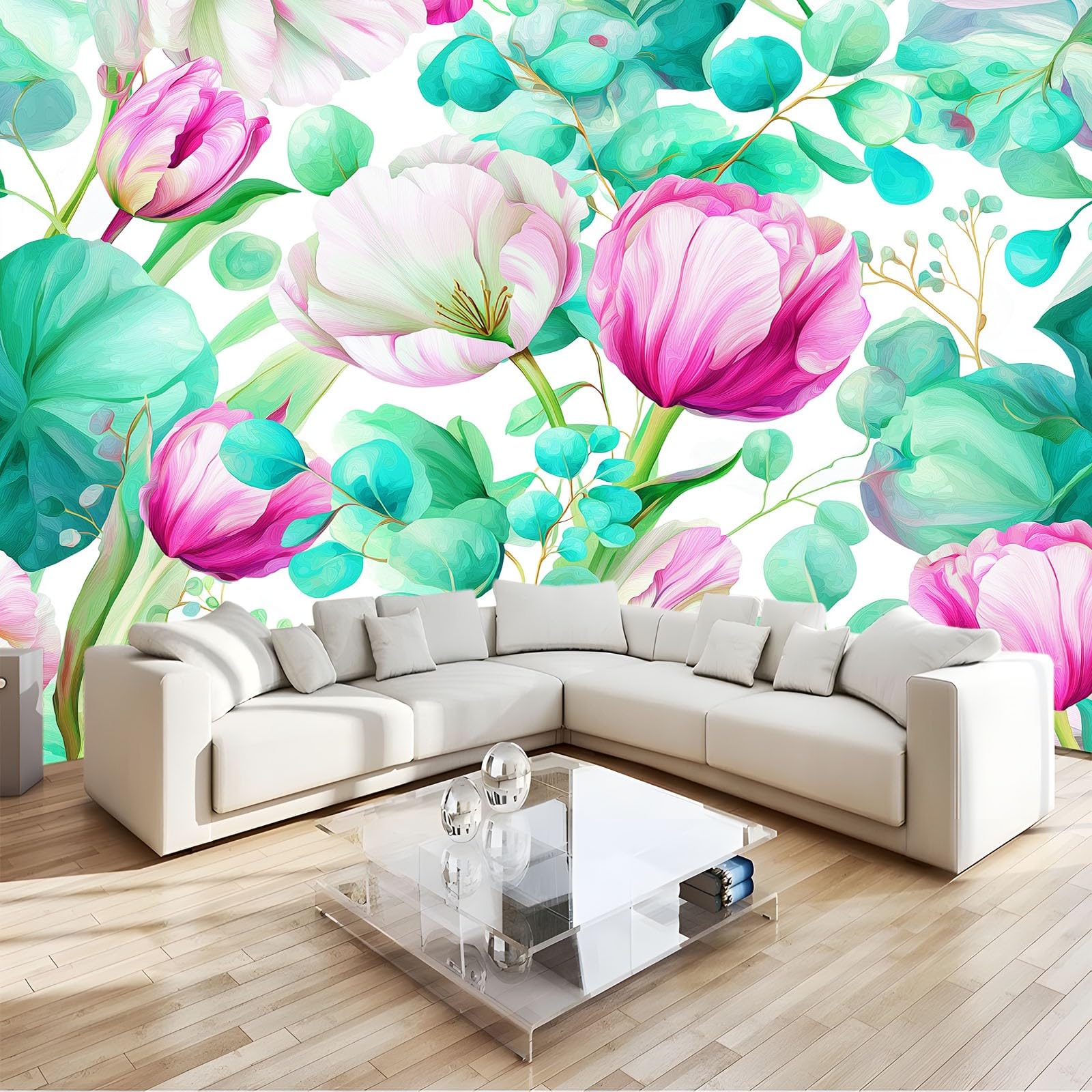 Générique Nowoczesna tapeta panoramiczna tulipan liść natura kwiat 200 x 140 cm wysokiej jakości gobelin ścienny z włókniny - dekoracja ścienna, do pokoju dziecięcego i biura zielona