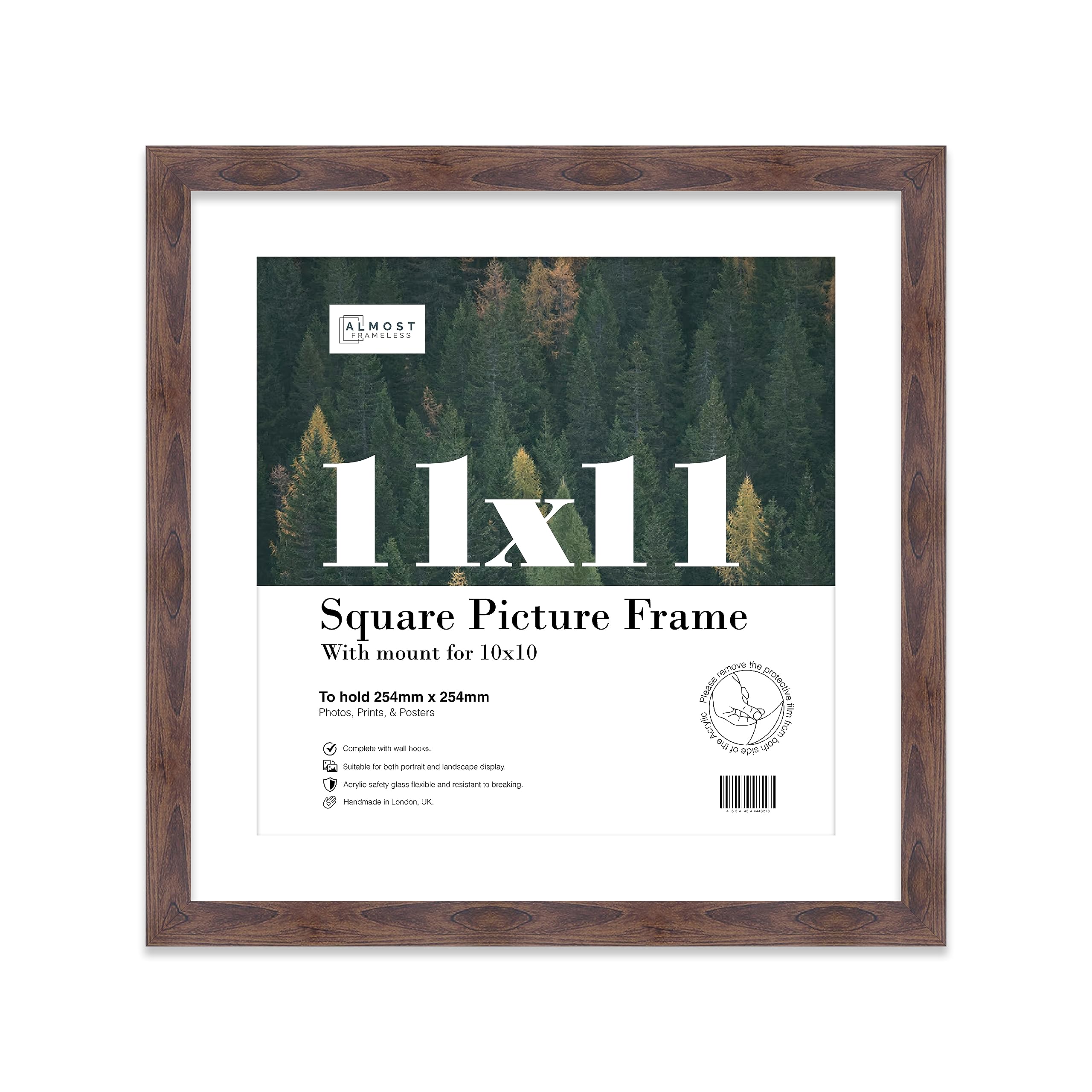 Almost Frameless 11x11 Picture Frame, Display Pictures 10x10 With Mat or 11x11 Without Mat, Wall Hanging Photo Frame, Walnut, 1 Pack
