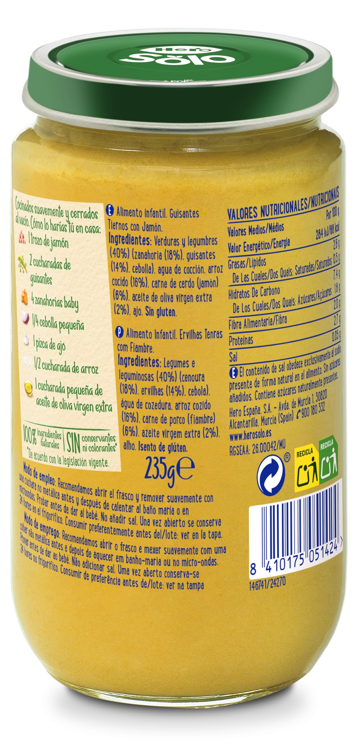 Hero Baby Tarrito Infantil Guisantes Tiernos con Jamón Sin Aceite de Palma 235 g Paquete de 12