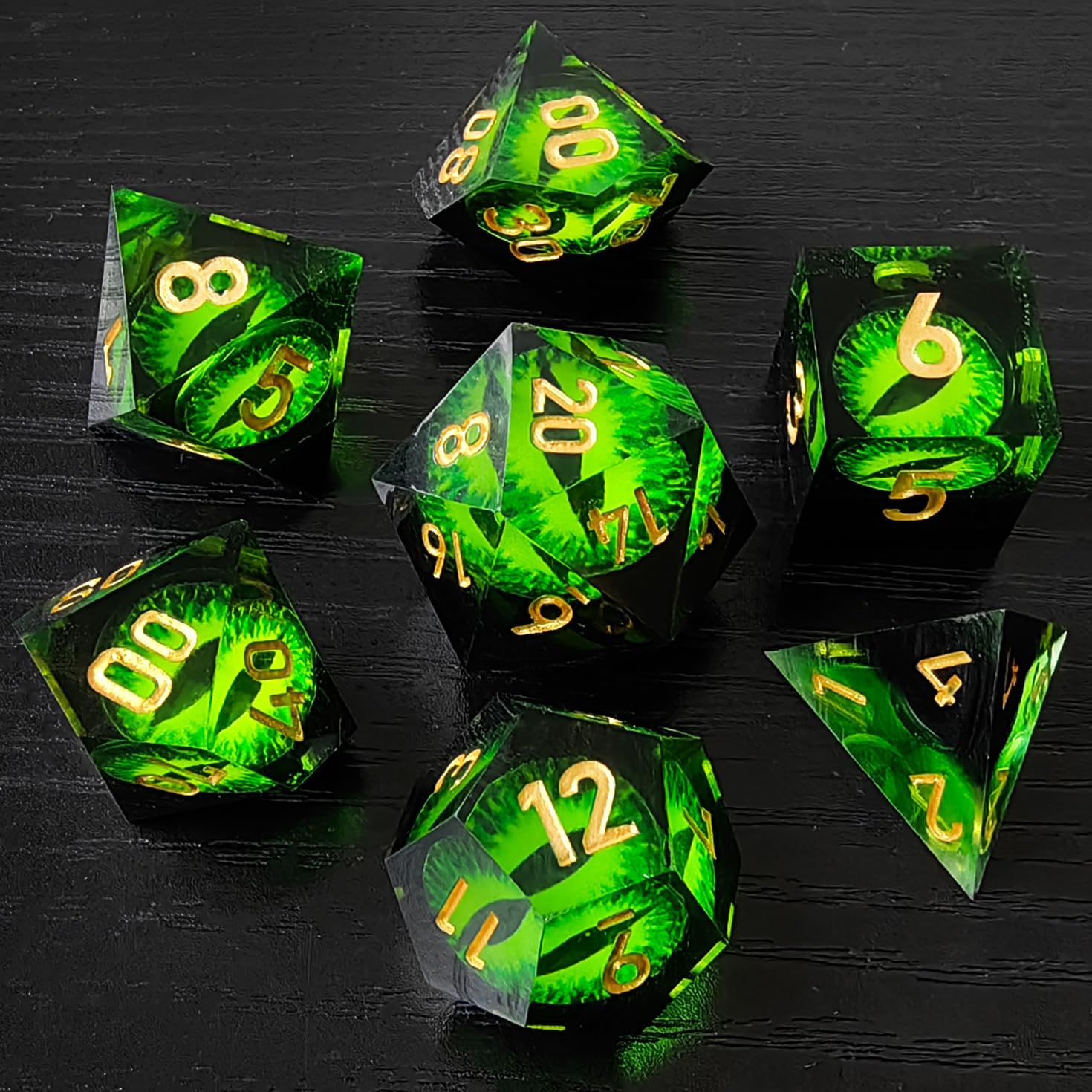BESCON Dragon's Eye Sharp Edged Polyhedral Dice, Handmade Dragon's Eye Dice for Role Playing Game (Green Eye Set)