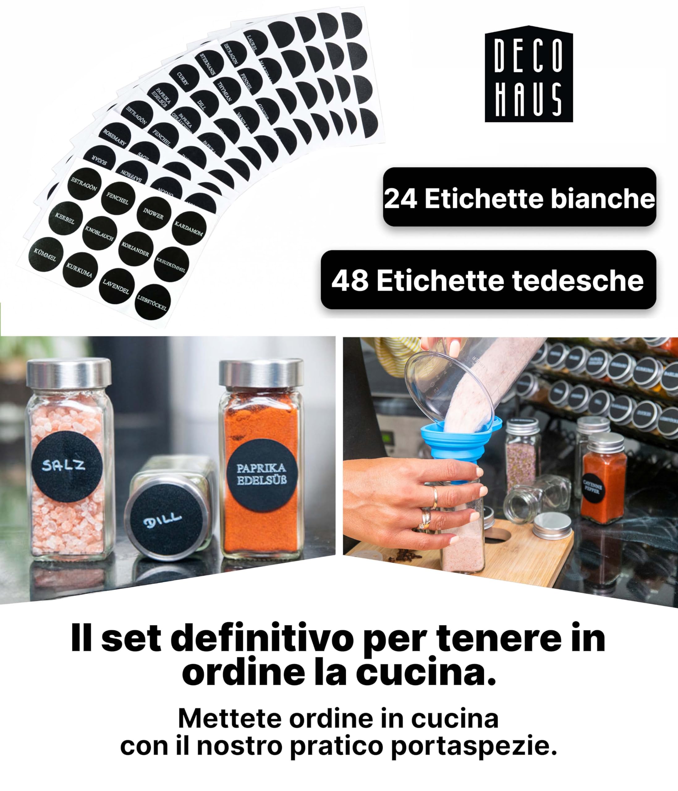 Deco haus® Porta Spezie per Cucina [con Barattoli ed Etichette]- Organizzatore di spezie - Portaspezie in Piedi e da Parete - Portaspezie Salvaspazio