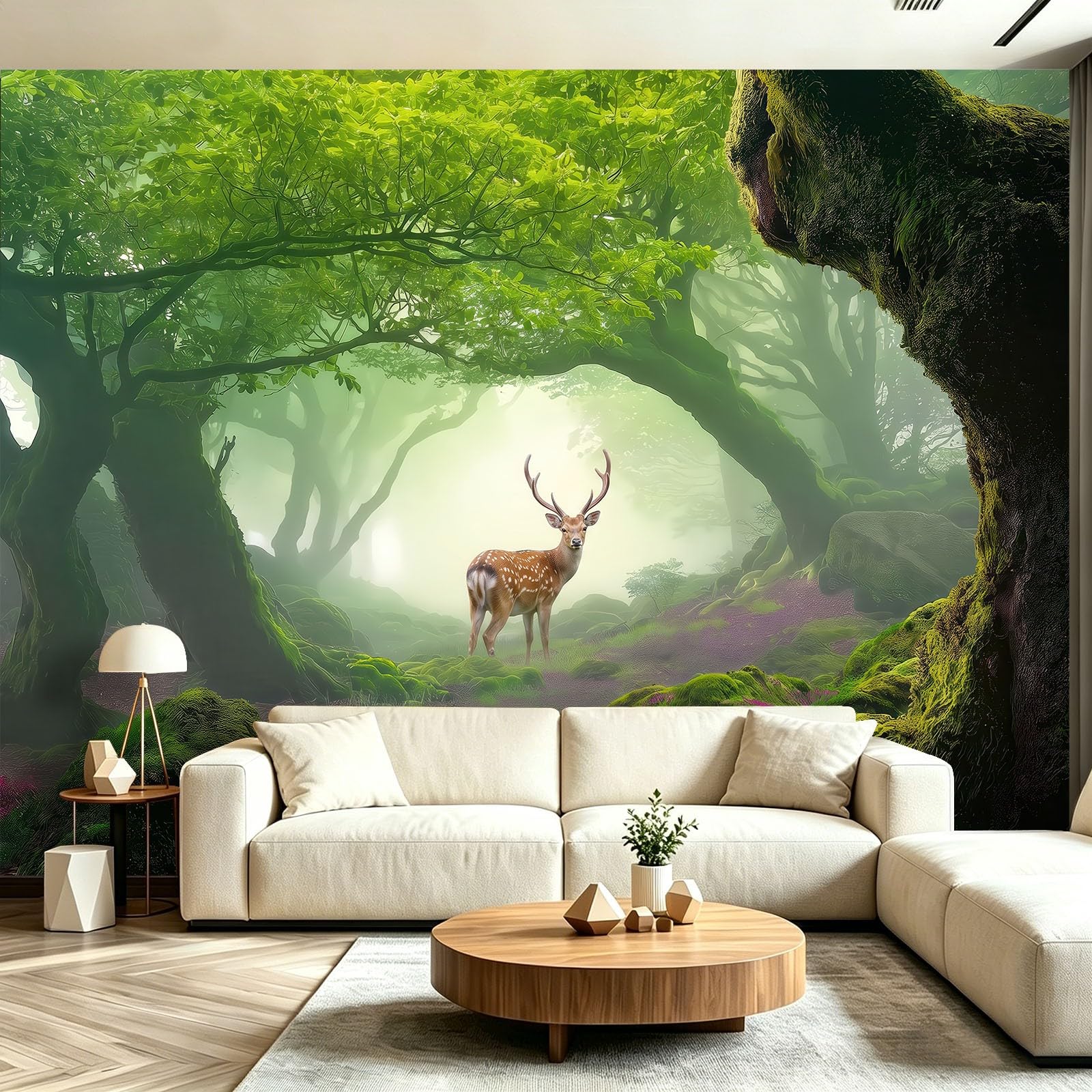 Générique Carta da parati panoramica floreale con animali cervi, 300 x 210 cm, rivestimento murale per camera da letto, soggiorno, camera da letto, cucina, ufficio, design fantasia foresta paesaggio