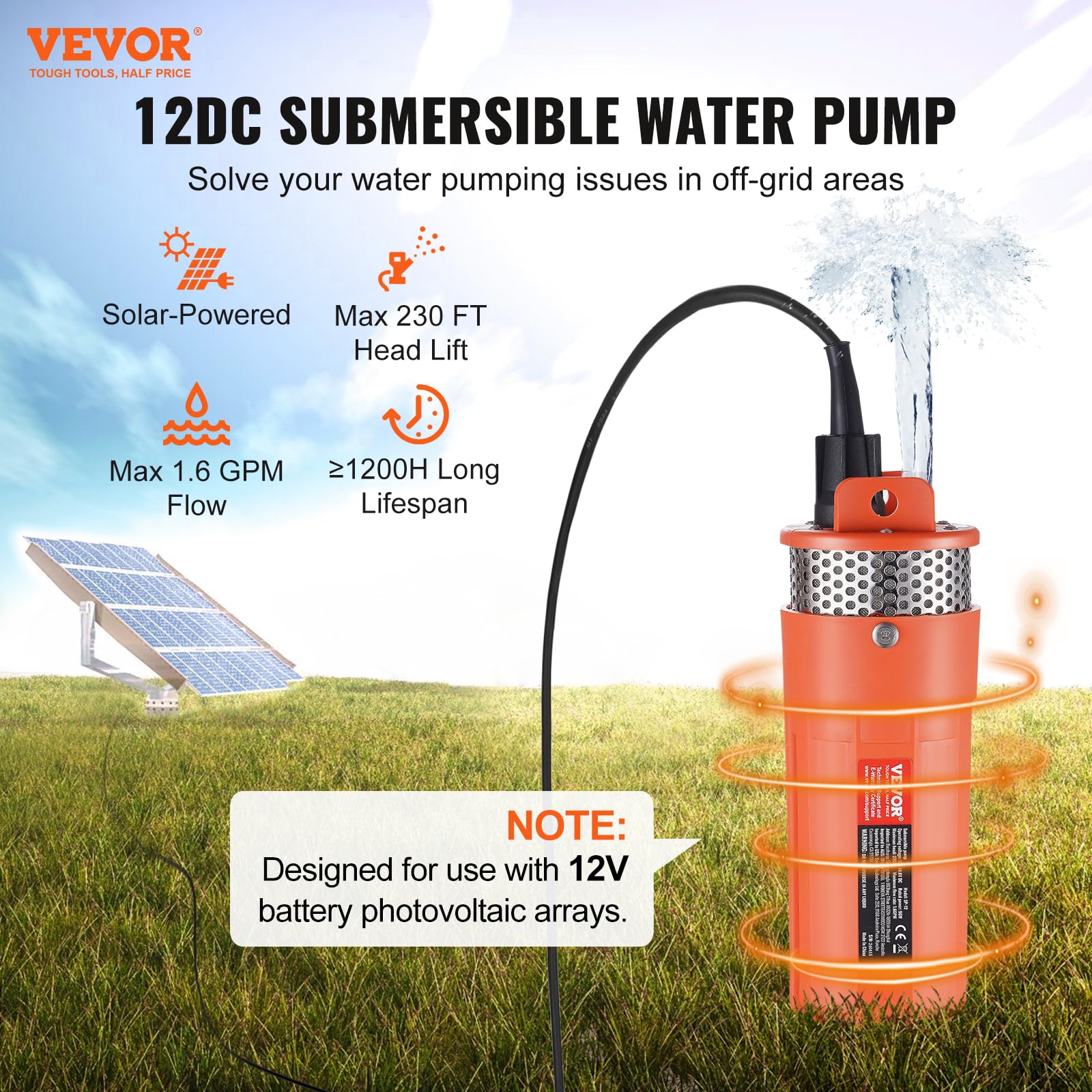 VEVOR Bomba de Agua Solar de 96 W para Pozo Profundo Sumergible, Altura Máxima 70 m, Inmersión Máxima 30 m, Bomba de Agua con Energía Solar para pozo, Riego de Rancho Agrícola, Bebida de Ganado