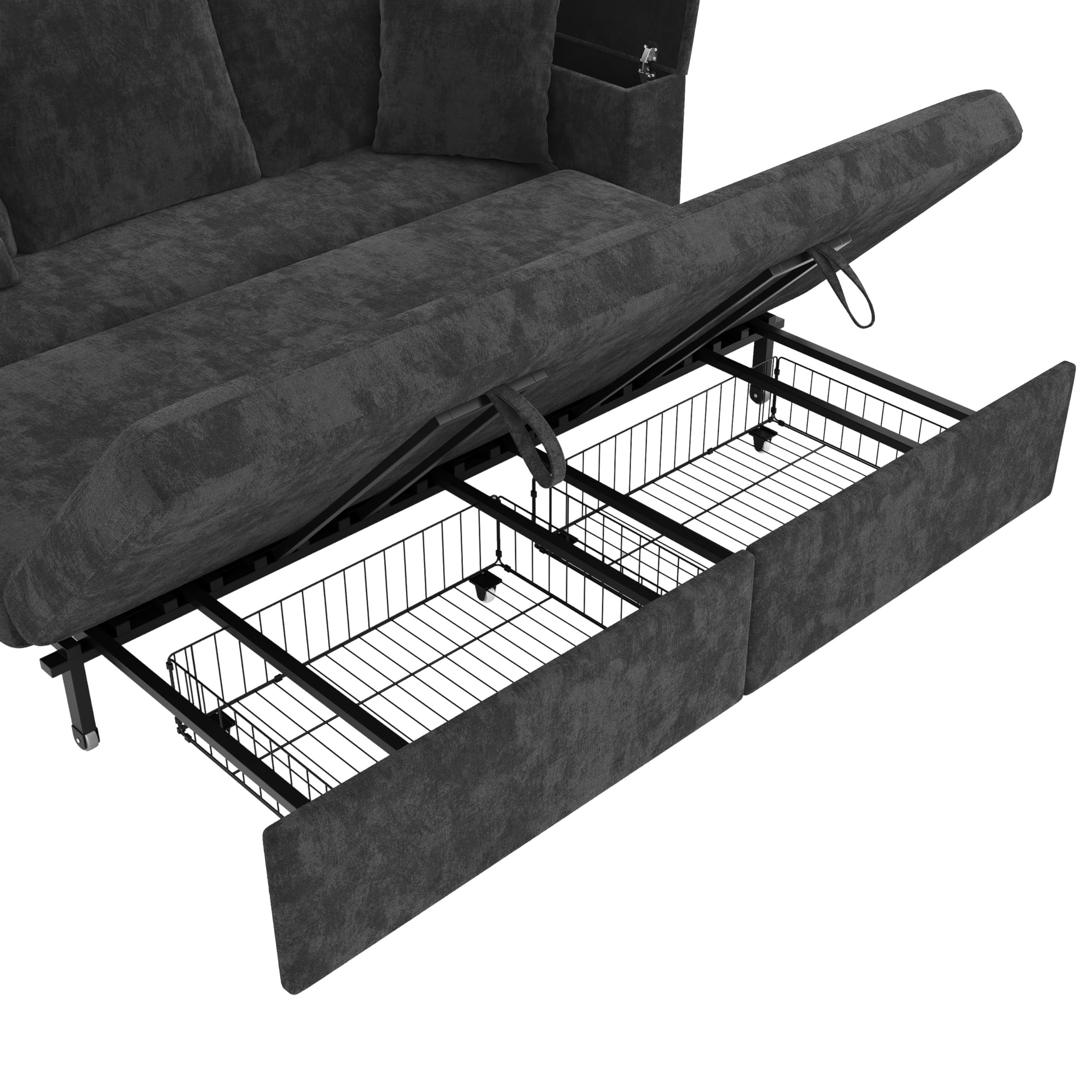 3-in-1 multifunktionales 3-Sitzer Sofa mit Schlaffunktion, ausziehbarem Metallrahmen, Stauraum, Armlehnen-Ablage, Grau.