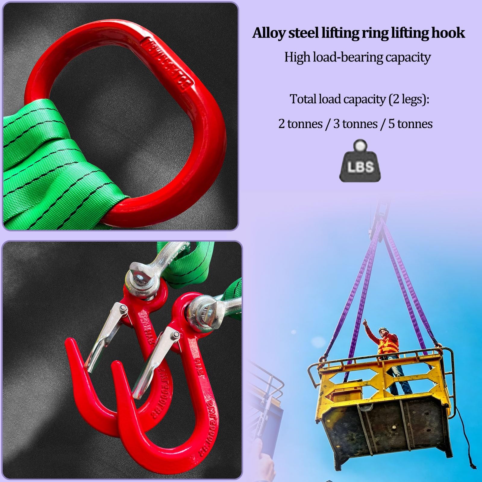 Hebegurte/Hebeschlingen, 2-strangiger Hebegurt mit Haken, 2000 kg (4409 lbs) Tragfähigkeit – für Hebezeuge, Motorenkräne, LKW, Abschleppen und Baumstümpfe(2 tons,5m)