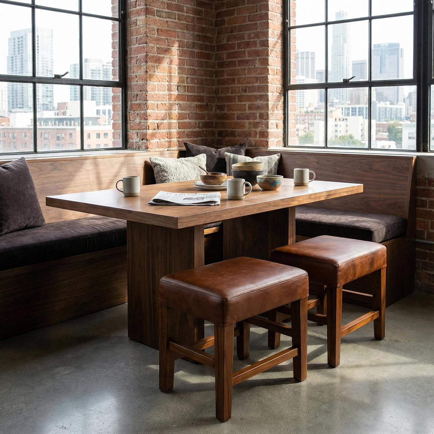 Bare Decor Alvin Genuine Leather Ottoman with Solid Teak Wood Legs, Brown