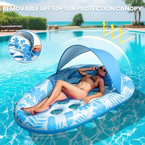 Miniatura 2 de Flotadores inflables para piscina para adultos, 3 en 1, flotadores de piscina con toldo y soporte para tazas, balsa de piscina XL, sillas