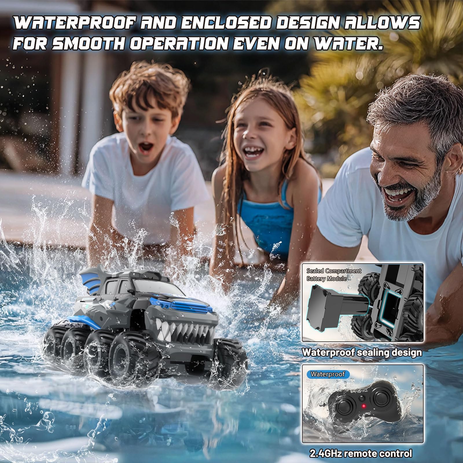 Voiture télécommandée amphibie 8WD Tout Terrain – RC Monster Truck étanche pour Terre & Eau, 2 Batteries modulaires, 2.4GHz, Cascades 360°, Voiture radiocommandée Monstre dès 8 Ans