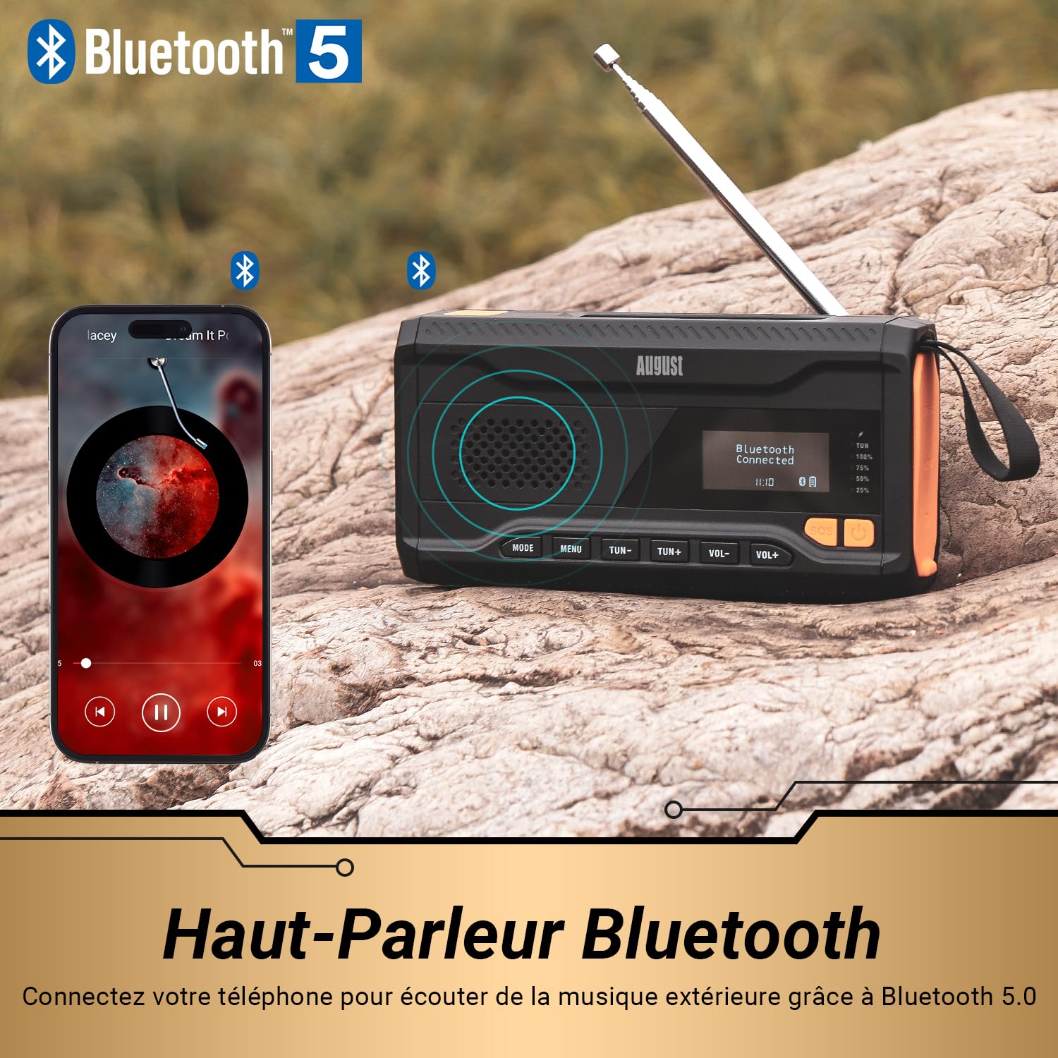August MB290B - Radio Dynamo de Survie Portable, Solaire à Manivelle FM/Dab/Bluetooth, Batterie 4500mAh, Chargeur USB pour Téléphone, Lampe Torche/SOS - Idéale pour Camping/Extérieur/Urgence - Noir