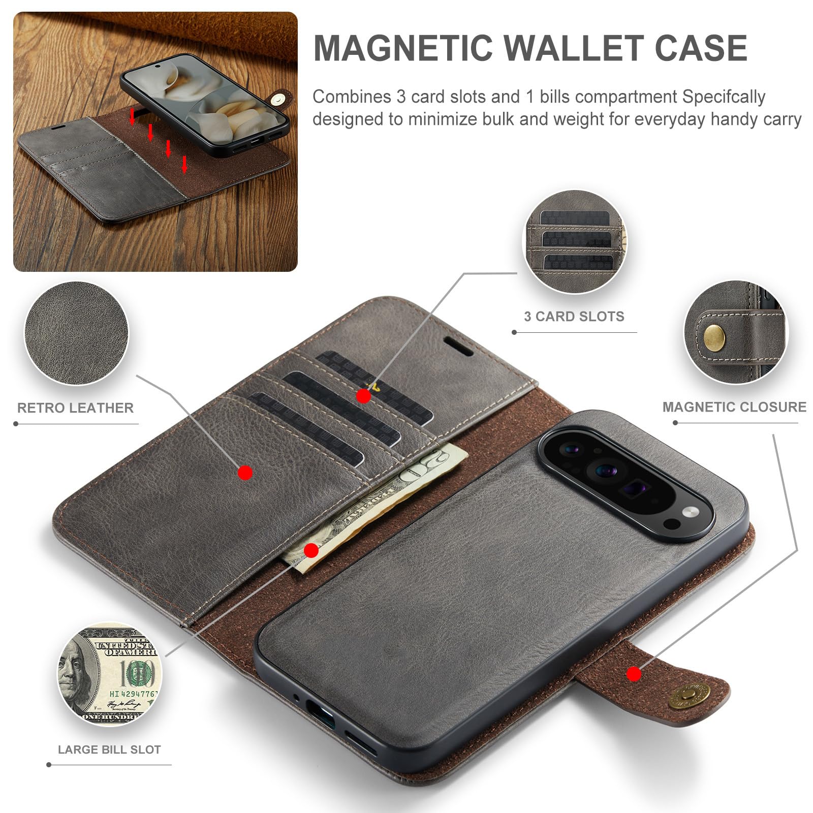 Cover Portafoglio Per Google Pixel 11 Pro XL/ 11 Pro/ 11, Staccabile