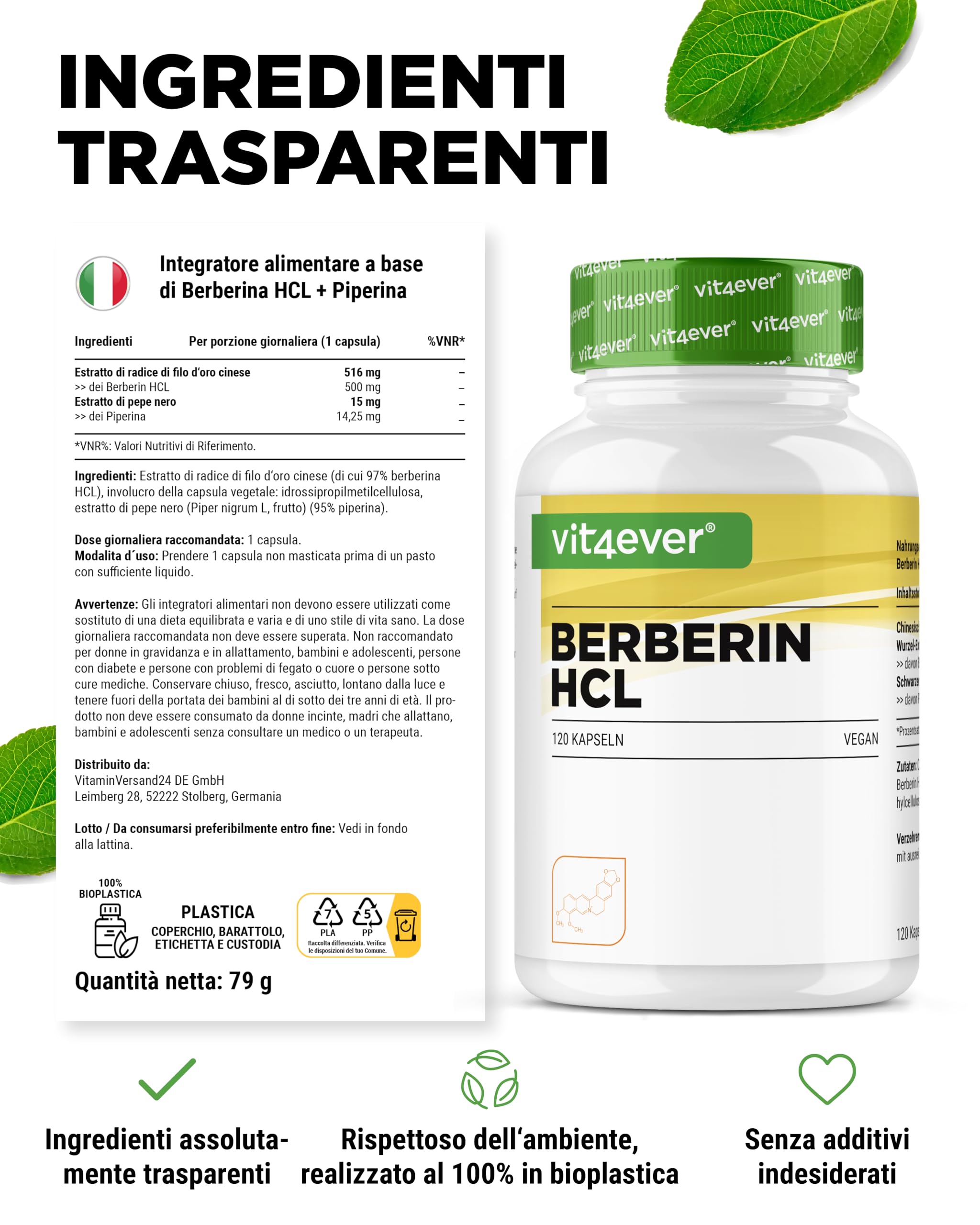 Estratto di berberina HCL - 120 capsule da 500 mg - Berberina naturale + estratto di pepe nero - Testato in laboratorio (purezza e contenuto di principi attivi) - Dose elevata - Vegan